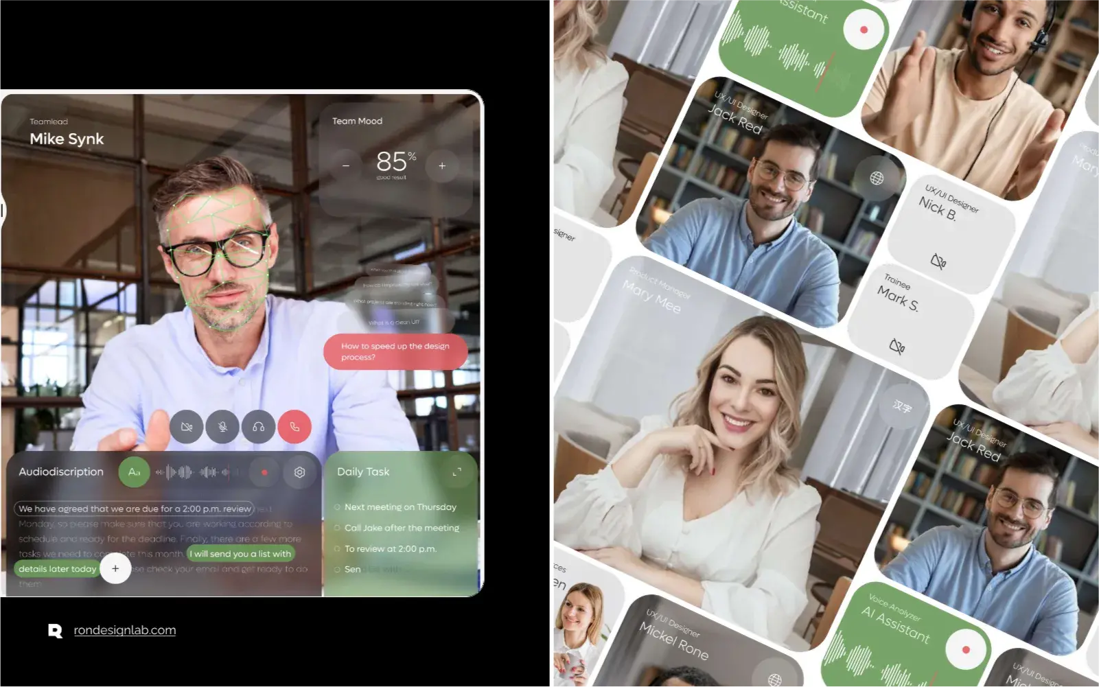 Collage of AI-Meet interface screenshots demonstrating call analysis features for business and enterprise users.