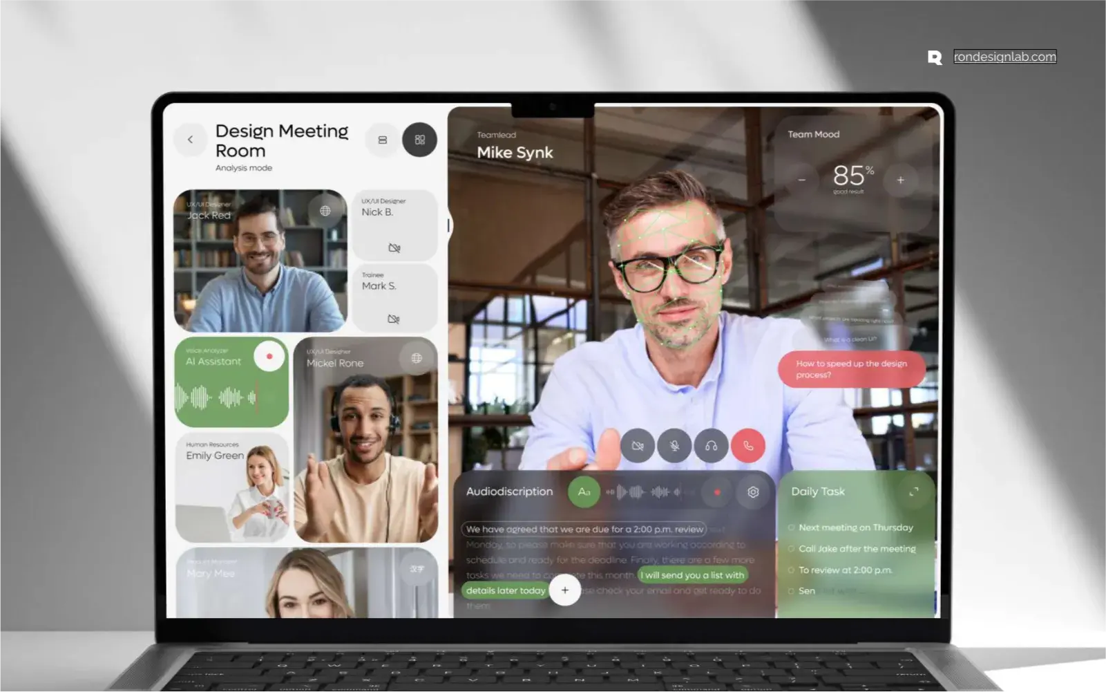 Promotional graphic for AI-Meet software showing its interface on a laptop, highlighting revolutionary call analysis for enterprise business.