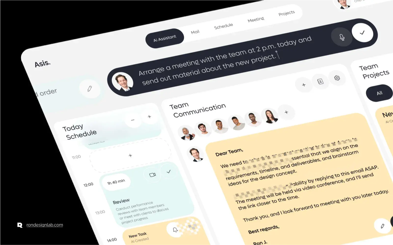 Screenshot showing the Asis smart AI personal assistant software interface for enterprise business management.