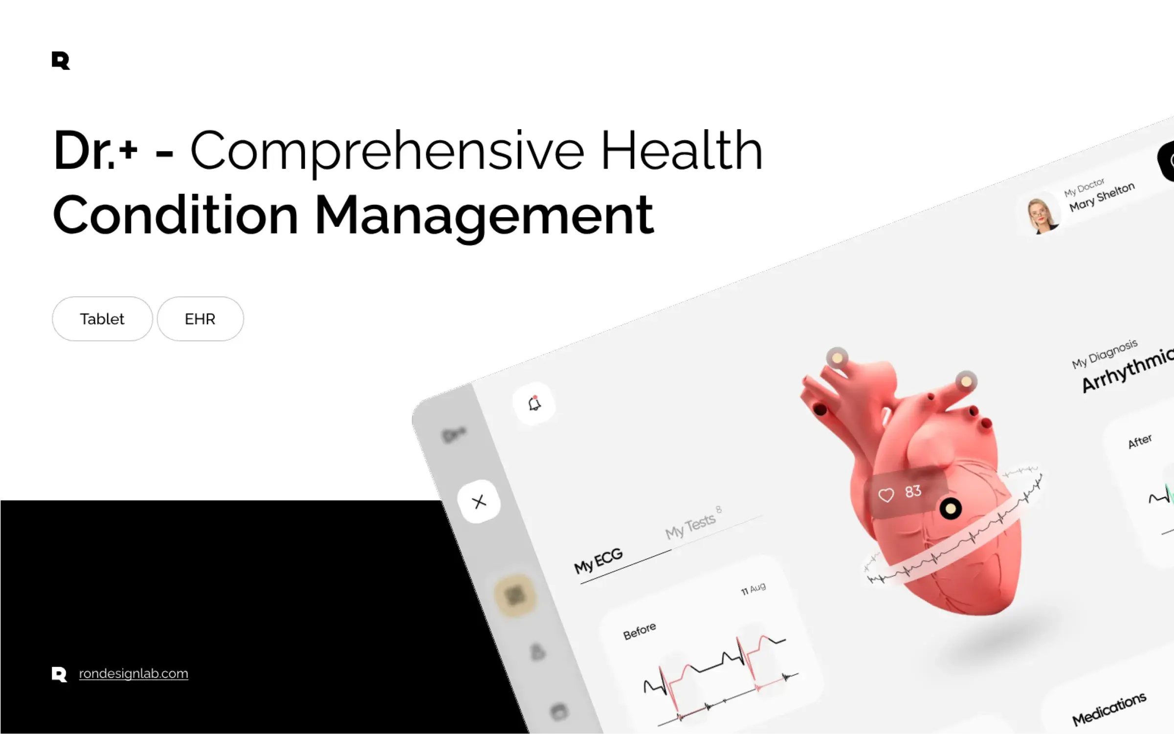Dr.+ EHR screenshot: Comprehensive health condition management dashboard on a tablet.