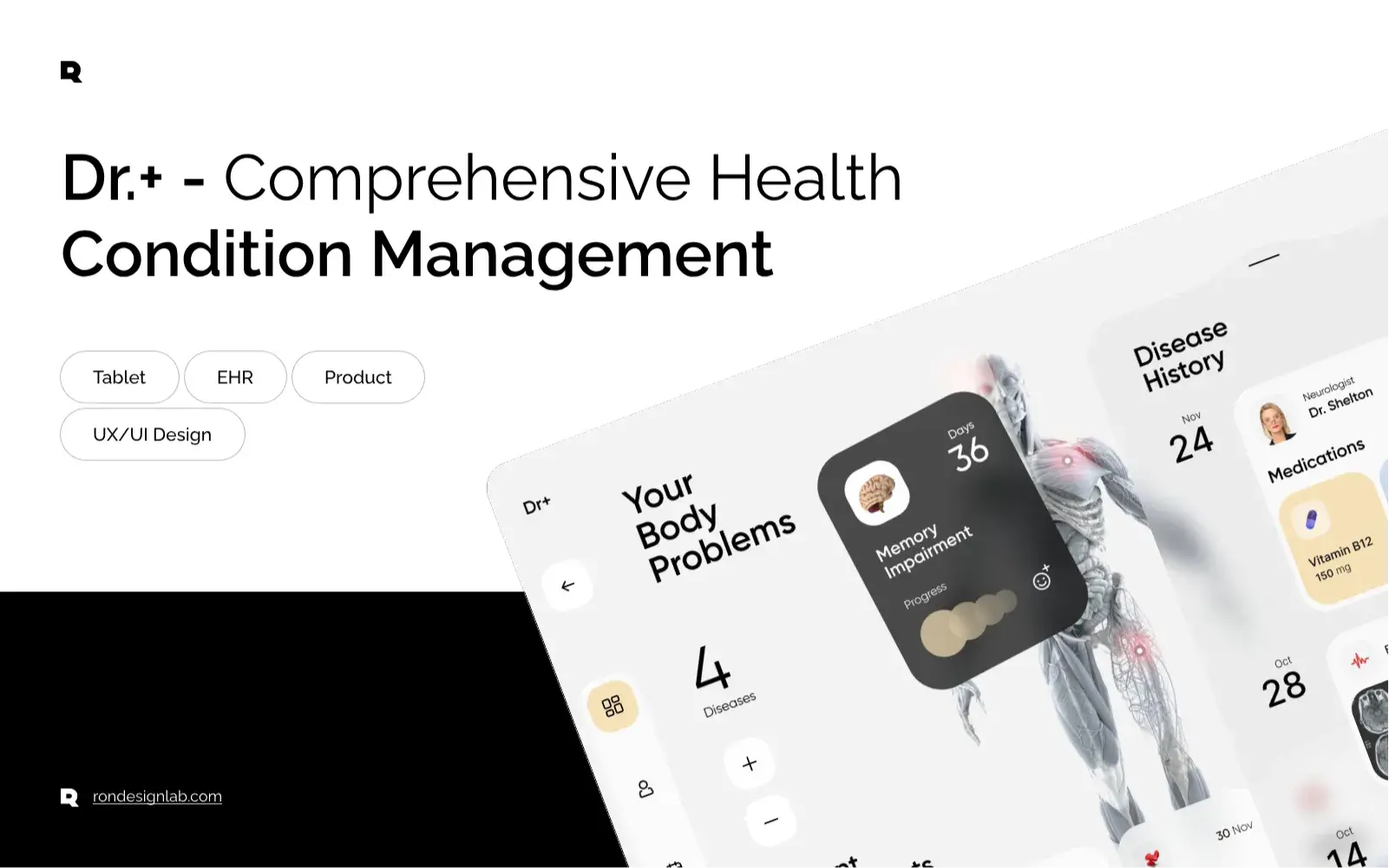 Screenshot of a tablet displaying the DR.+ Comprehensive Health Management EHR dashboard.