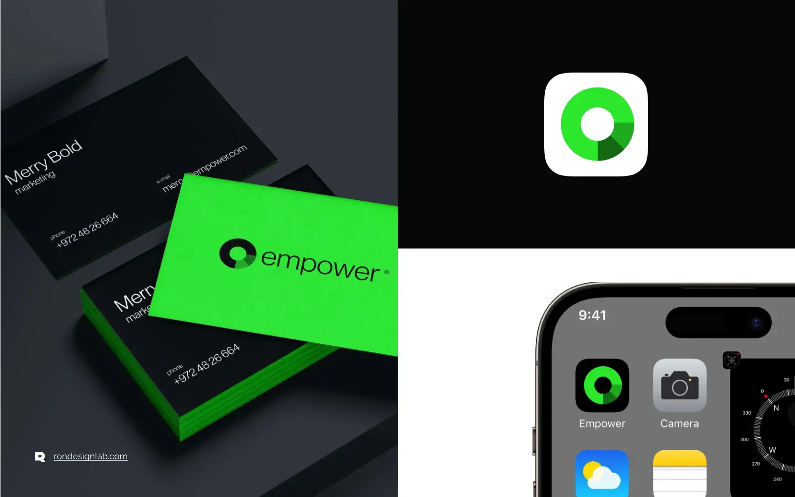 iPhone screenshot showcasing the Empower Finance Service Management brand identity and mobile interface.