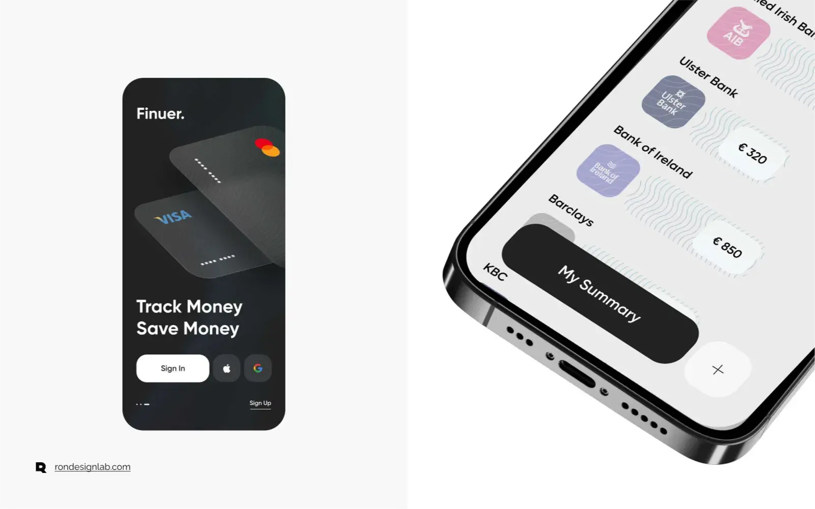 Mobile phone displaying the FinAssist personal finance assistant app interface.
