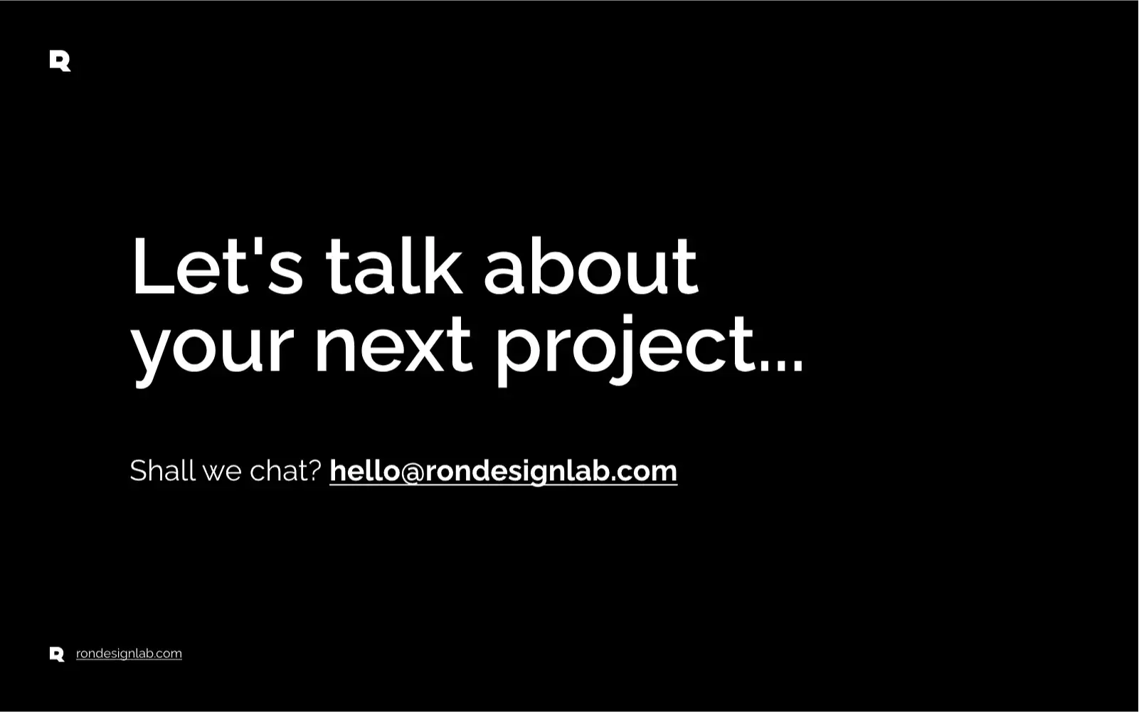 Screenshot of a contact section with a 'Let's talk about your next project...' message for business, branding, and UX/UI projects like the Katana M...