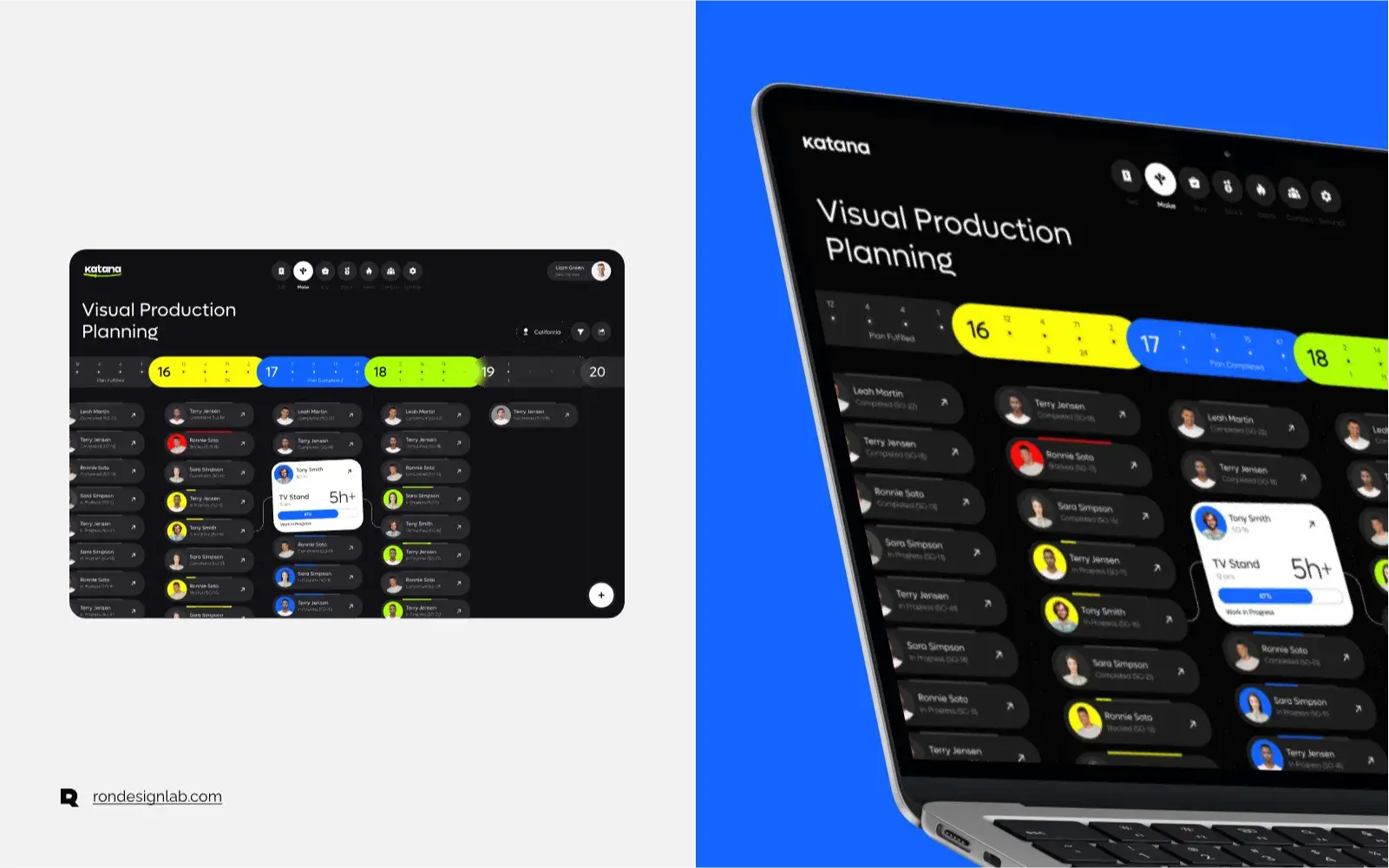 Screenshot of Katana manufacturing resource planning software interface on devices, showcasing UX/UI design for manufacturing planning.
