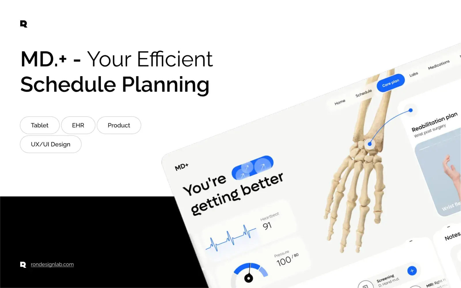 Screenshot: Finger taps the MD. Your Efficient Schedule platform tablet interface.