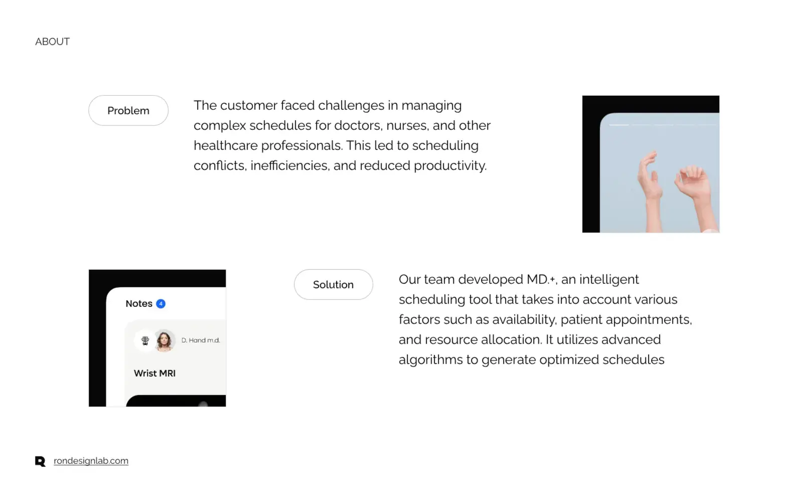 Screenshot of md-your-efficient-schedule-platform interface on tablet, showing efficient scheduling for MDs and EHR.