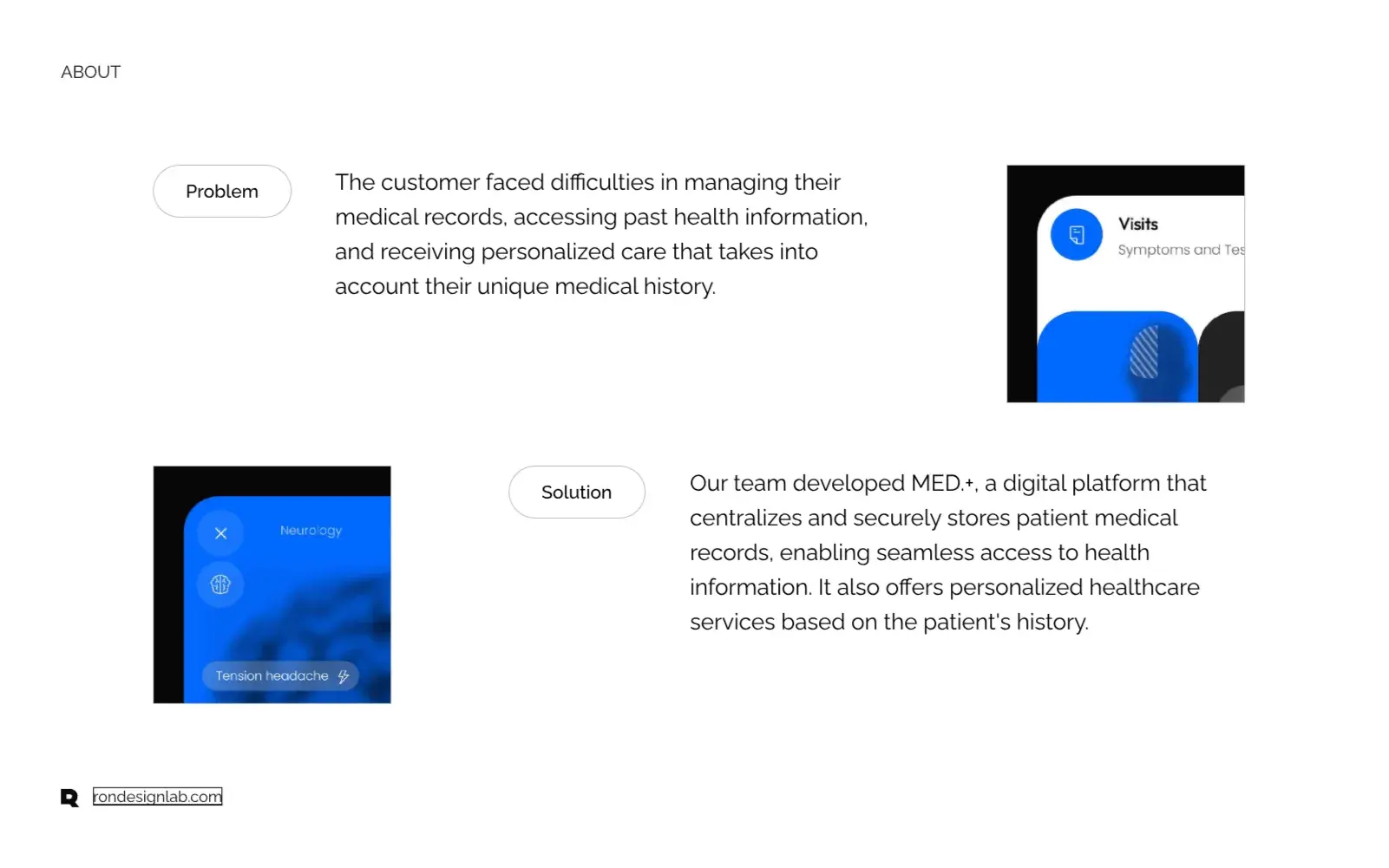 Screenshot of the MED.+ web platform showing personalized healthcare information for users.