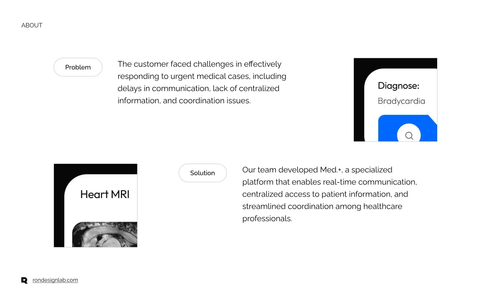 Screenshot of the MED.+ EHR system on a tablet showing rapid response features for urgent medical cases.