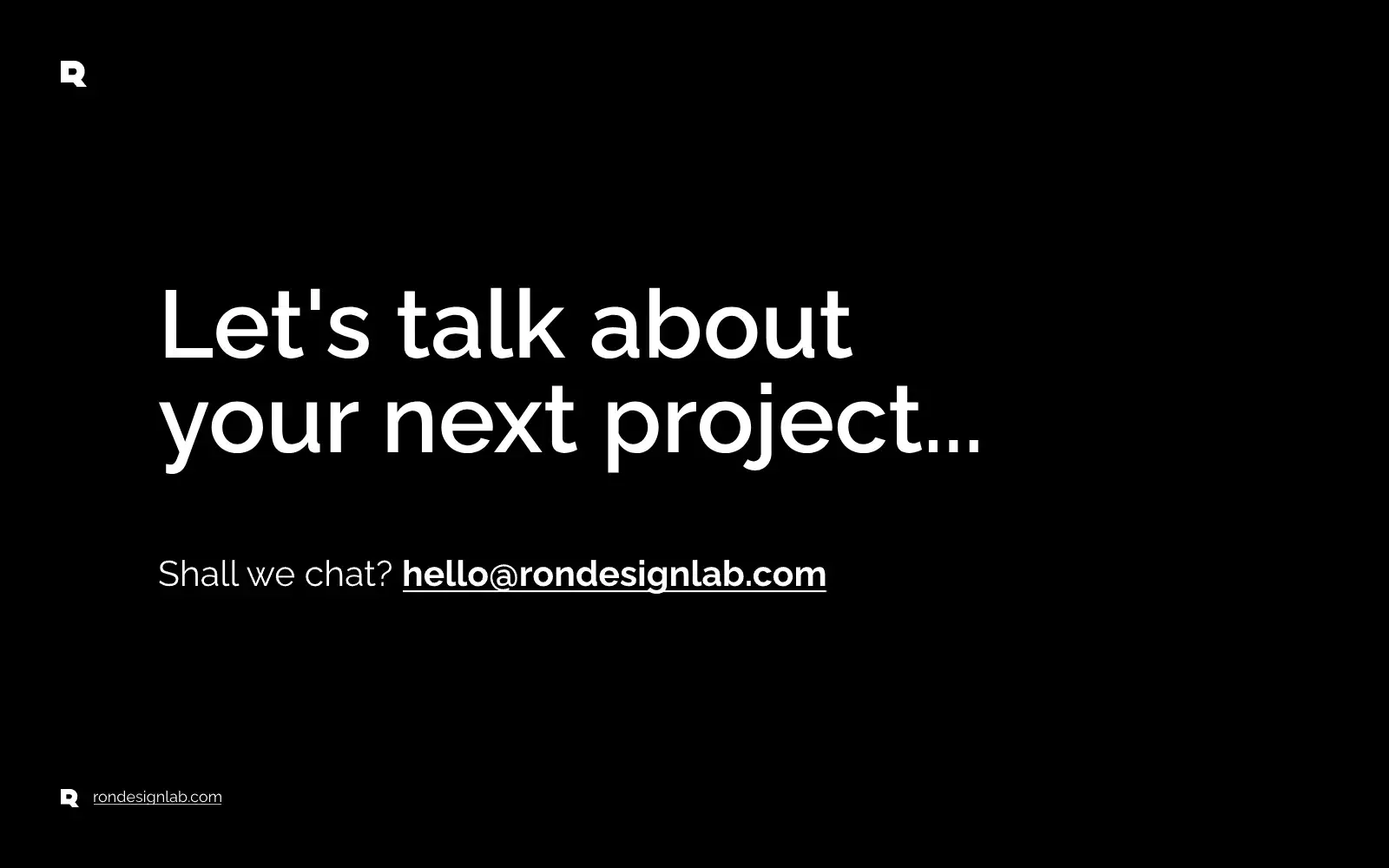 Screenshot of a contact section for rondesignlab.com, inviting discussions on future business and finance UX/UI design projects.