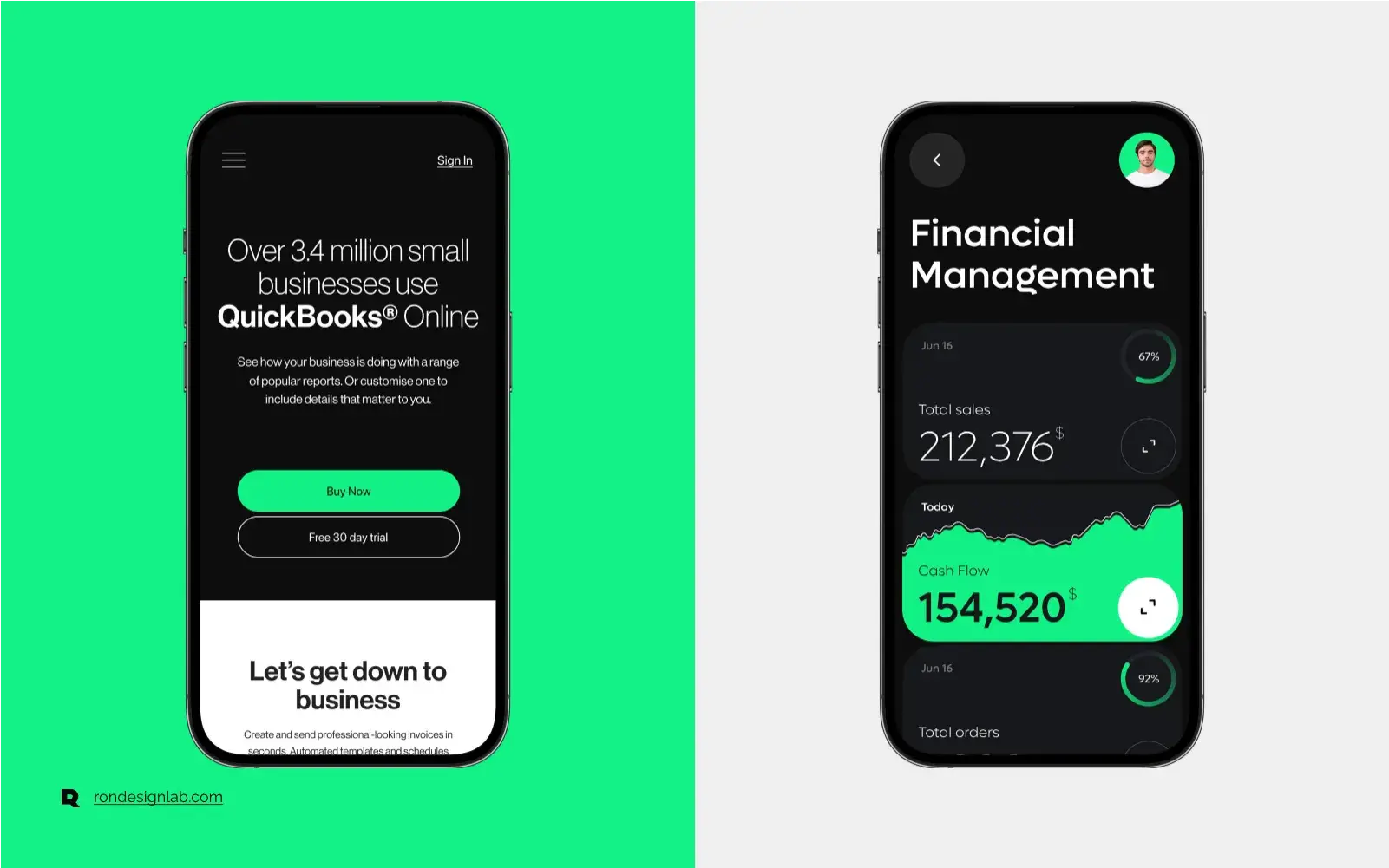 Screenshot of a mobile interface on an iPhone for QuickBooks ERP finance and service management, illustrating UX/UI design.
