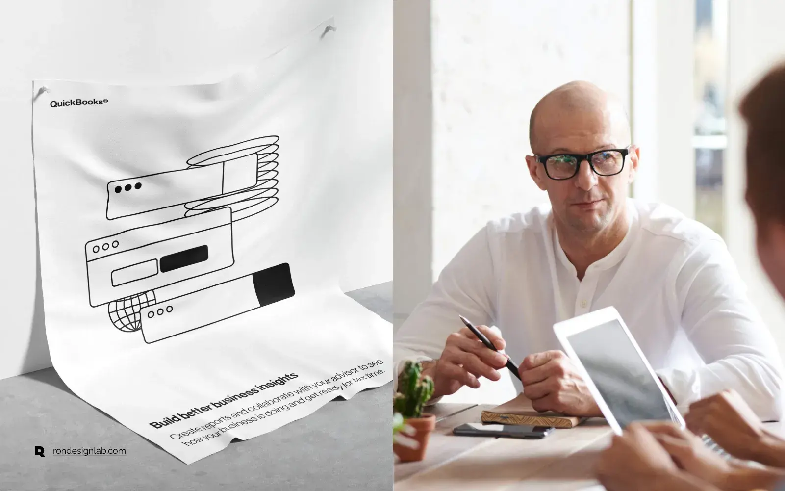 Qualitative research participant with glasses in a depth interview about finance and service management UX/UI.
