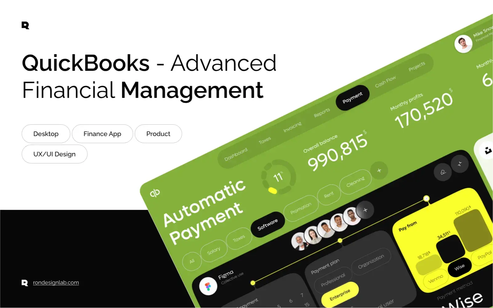 Screenshot of QuickBooks Advanced mobile UI for financial management, displaying data and a meter.