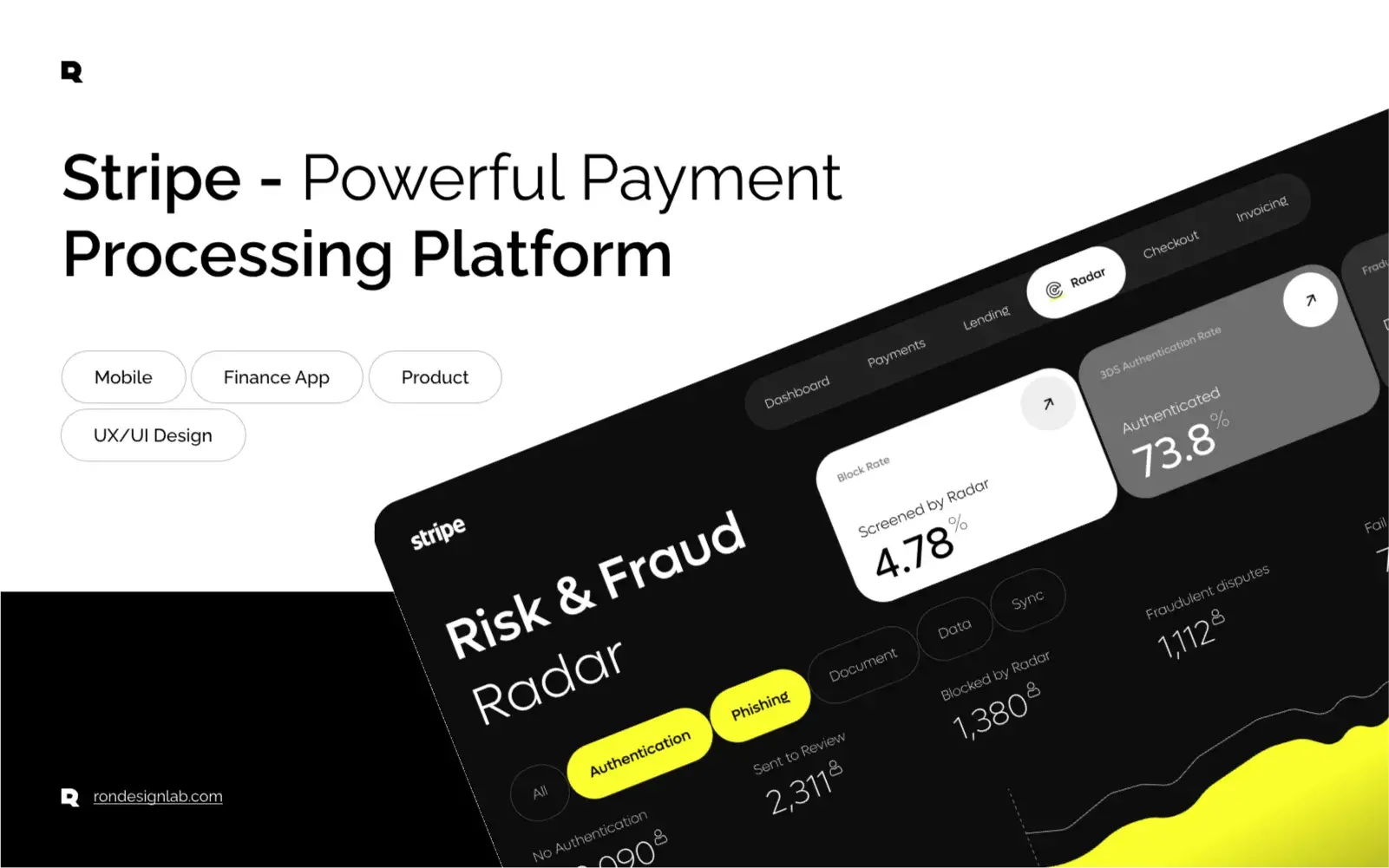 Smartphone screenshot showing a business finance app interface powered by Stripe payment processing.