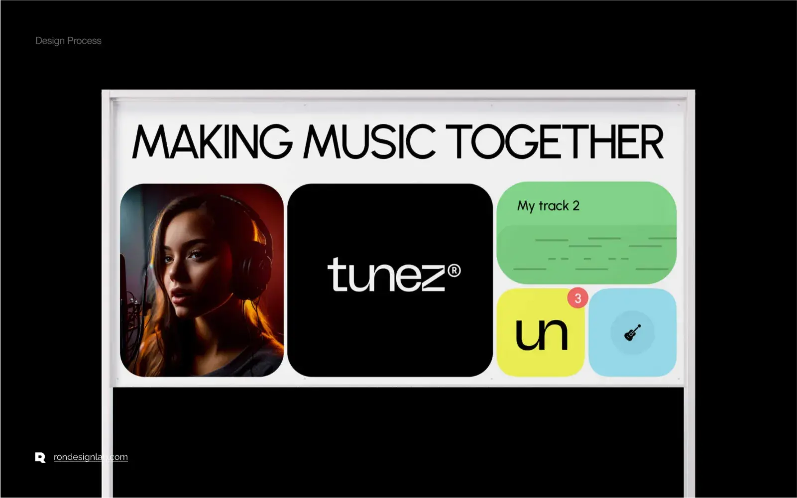 Screenshot of the Design Process UI for the Tunez platform, illustrating "MAKING MUSIC TOGETHER".
