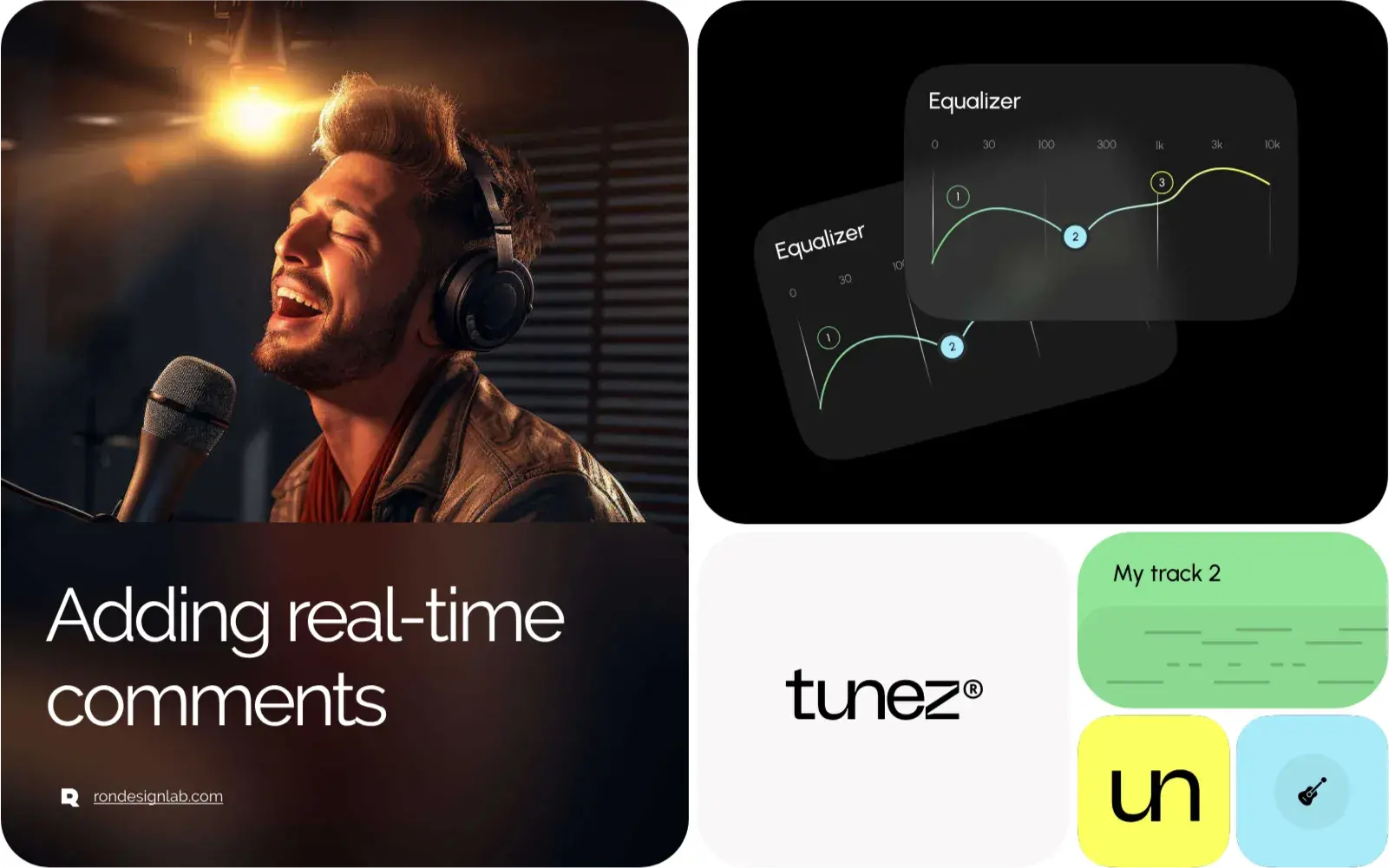 Screenshot of the Tunez music collaboration interface showing an equalizer, track controls, and real-time comments section.