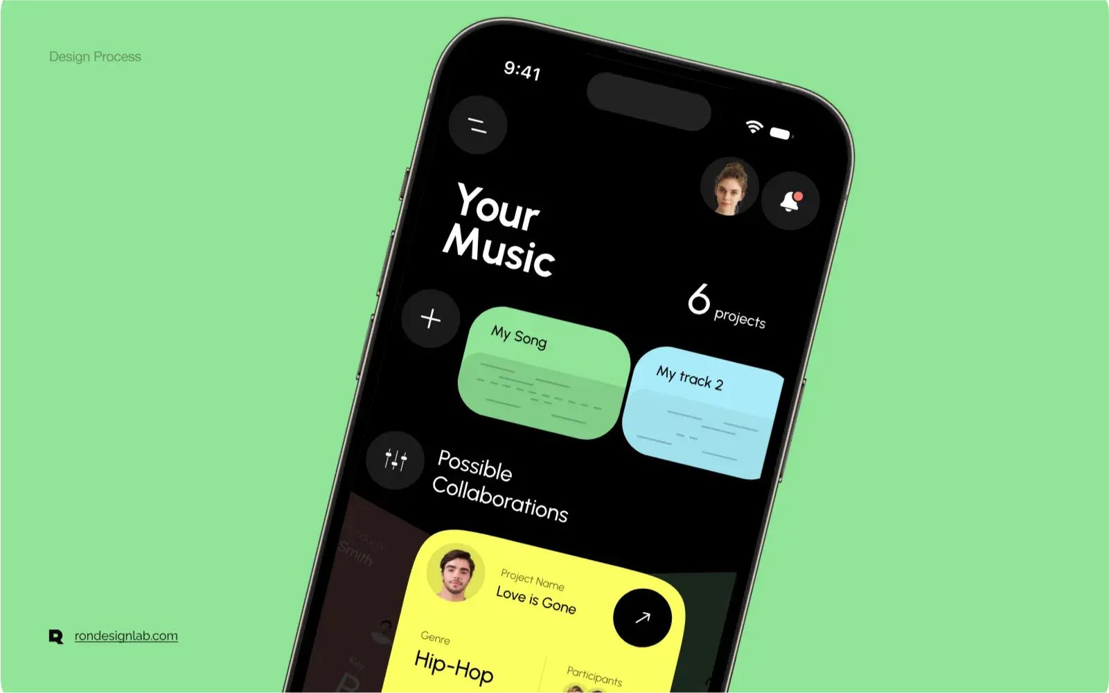 UX/UI screenshot of the Tunez music collaboration app on iPhone.