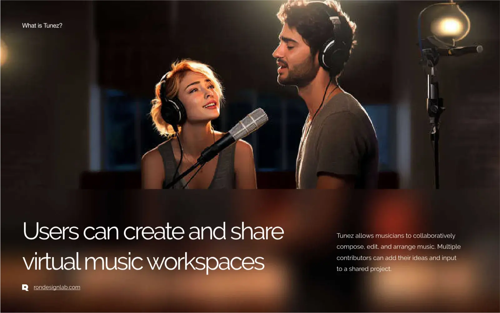 Person with microphone and headphones, likely creating music for the Tunez platform design case study.