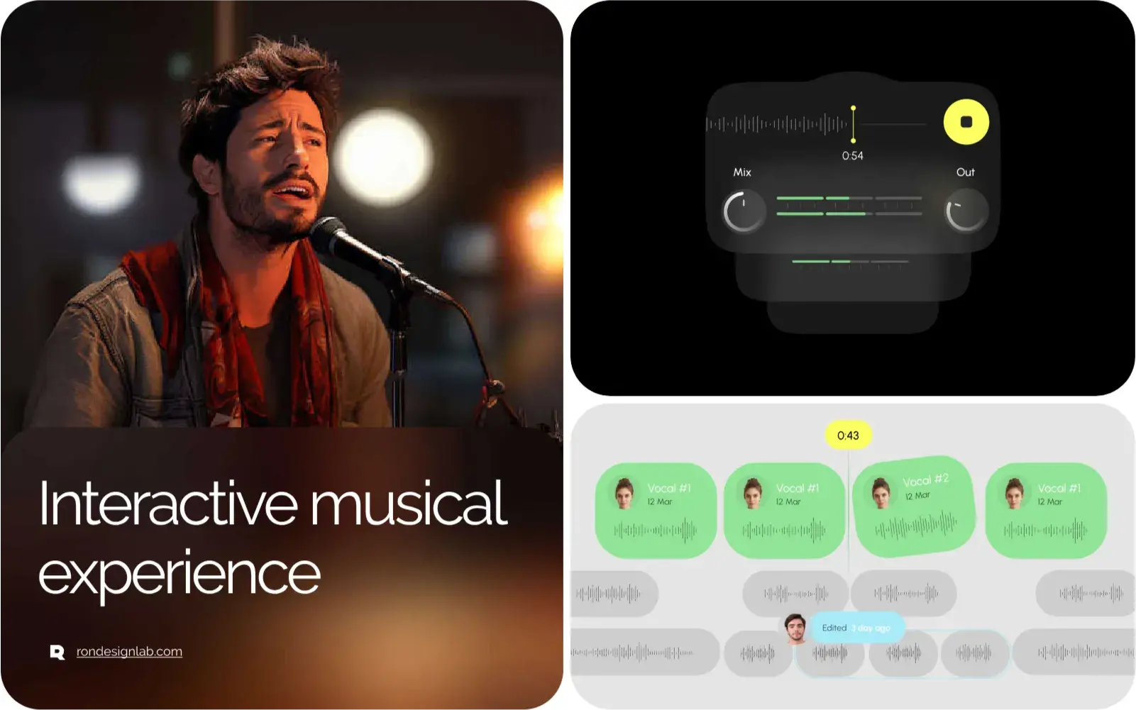 Screenshot of the Tunez web UI, displaying vocal tracks for interactive music collaboration.