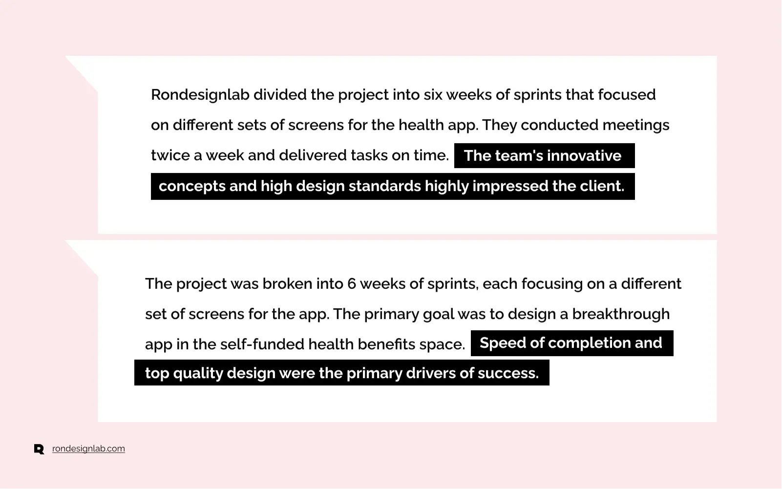 Document screenshot featuring VP Ben Callaghan's positive review of Rondesignlab's work in healthcare startups.