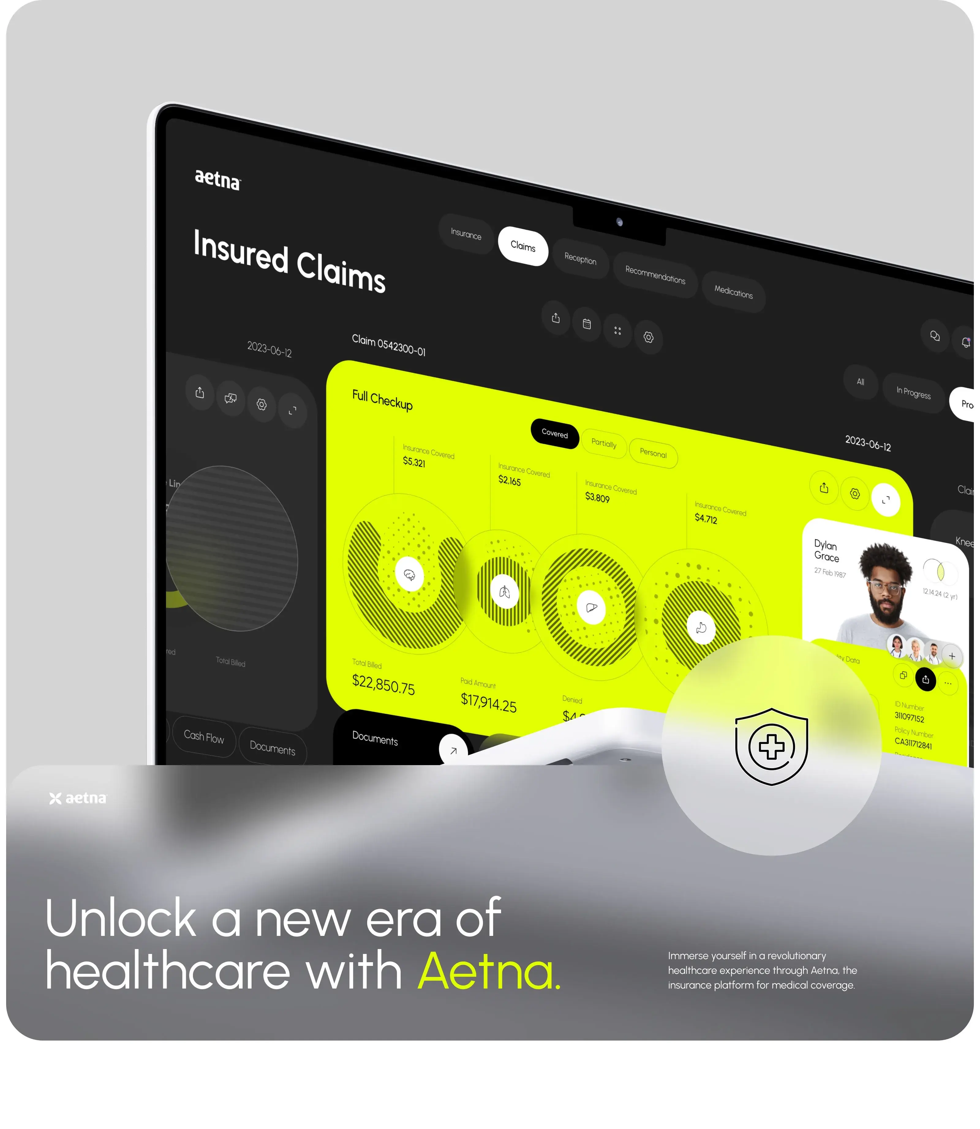 Screenshot of Aetna's healthcare CRM mobile app user interface on a tablet.