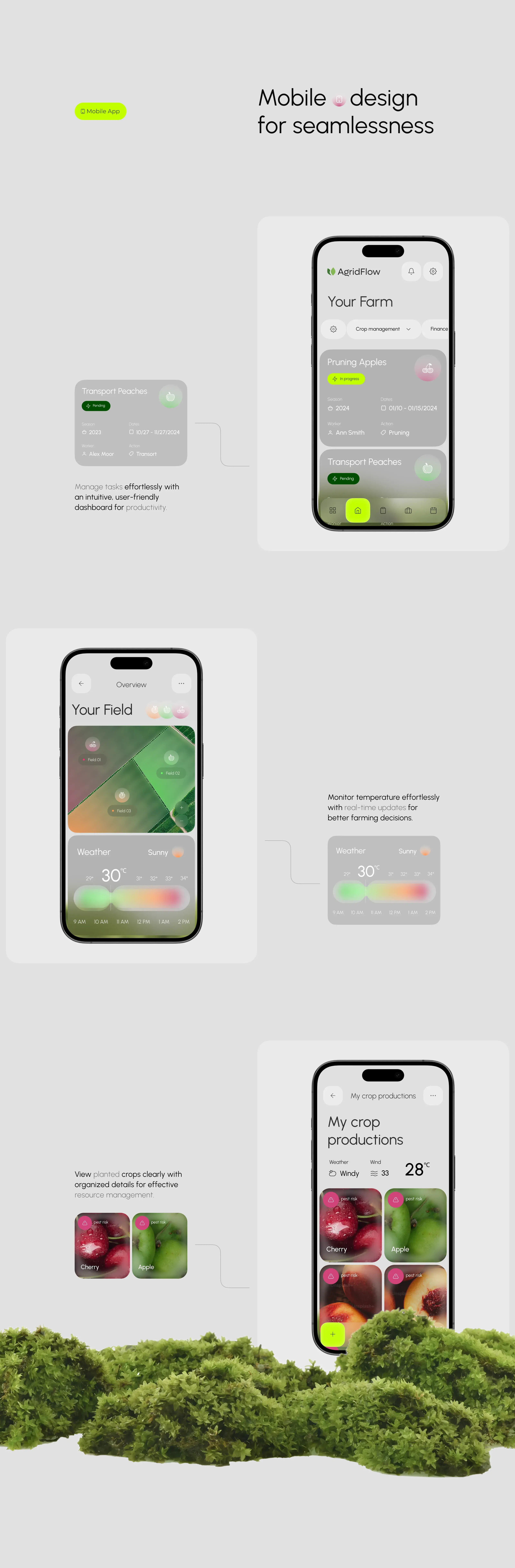 Screenshots of the Agridflow farming SaaS mobile app, illustrating UI/UX design and management features. Screenshots of the Agridflow farming SaaS mobile app, illustrating UI/UX design and management features.