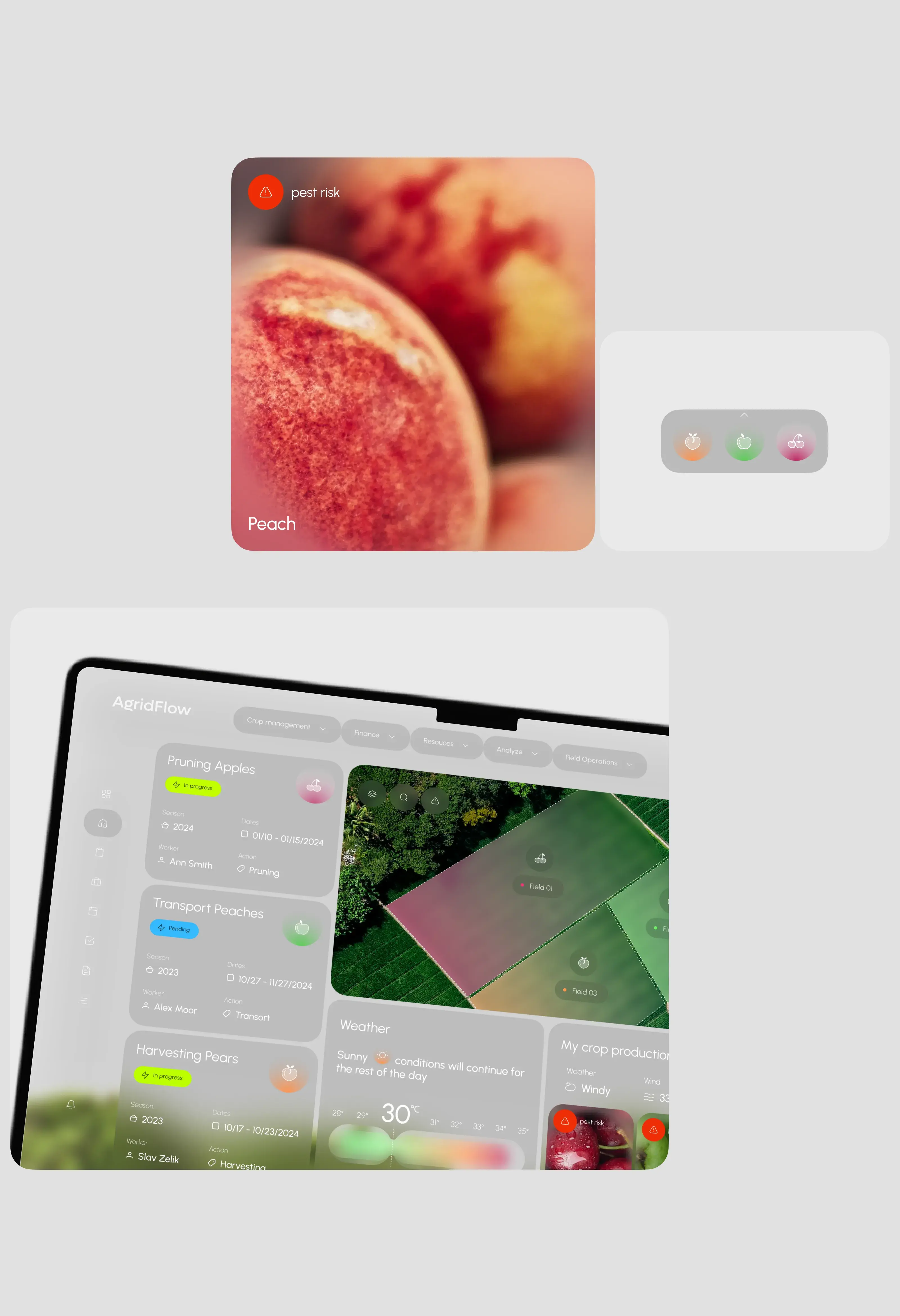 Screenshot of a farming SaaS mobile app UI on a tablet. Screenshot of a farming SaaS mobile app UI on a tablet.