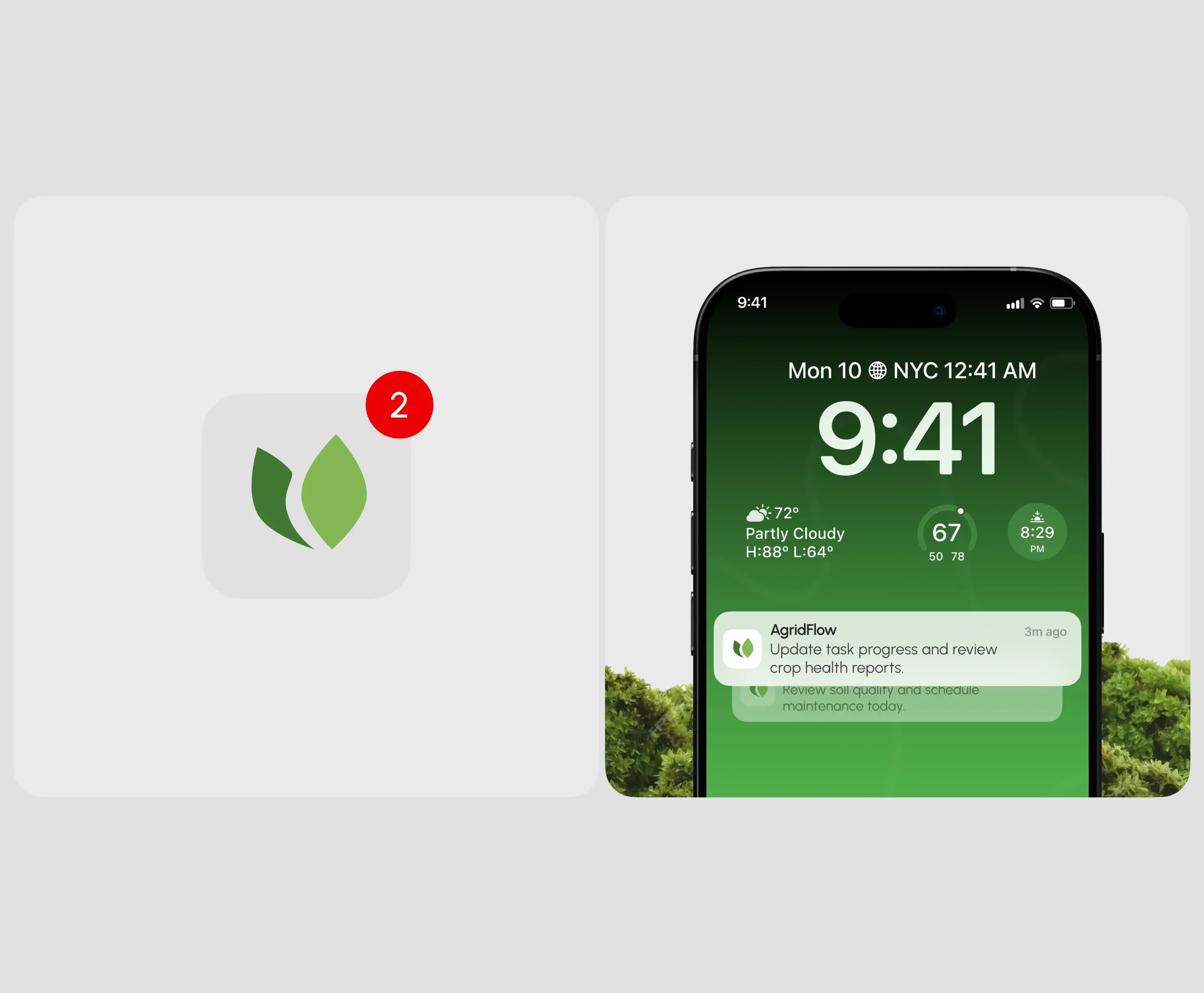 Screenshot of the agridflow farming SaaS mobile app UI on a phone. Screenshot of the agridflow farming SaaS mobile app UI on a phone.