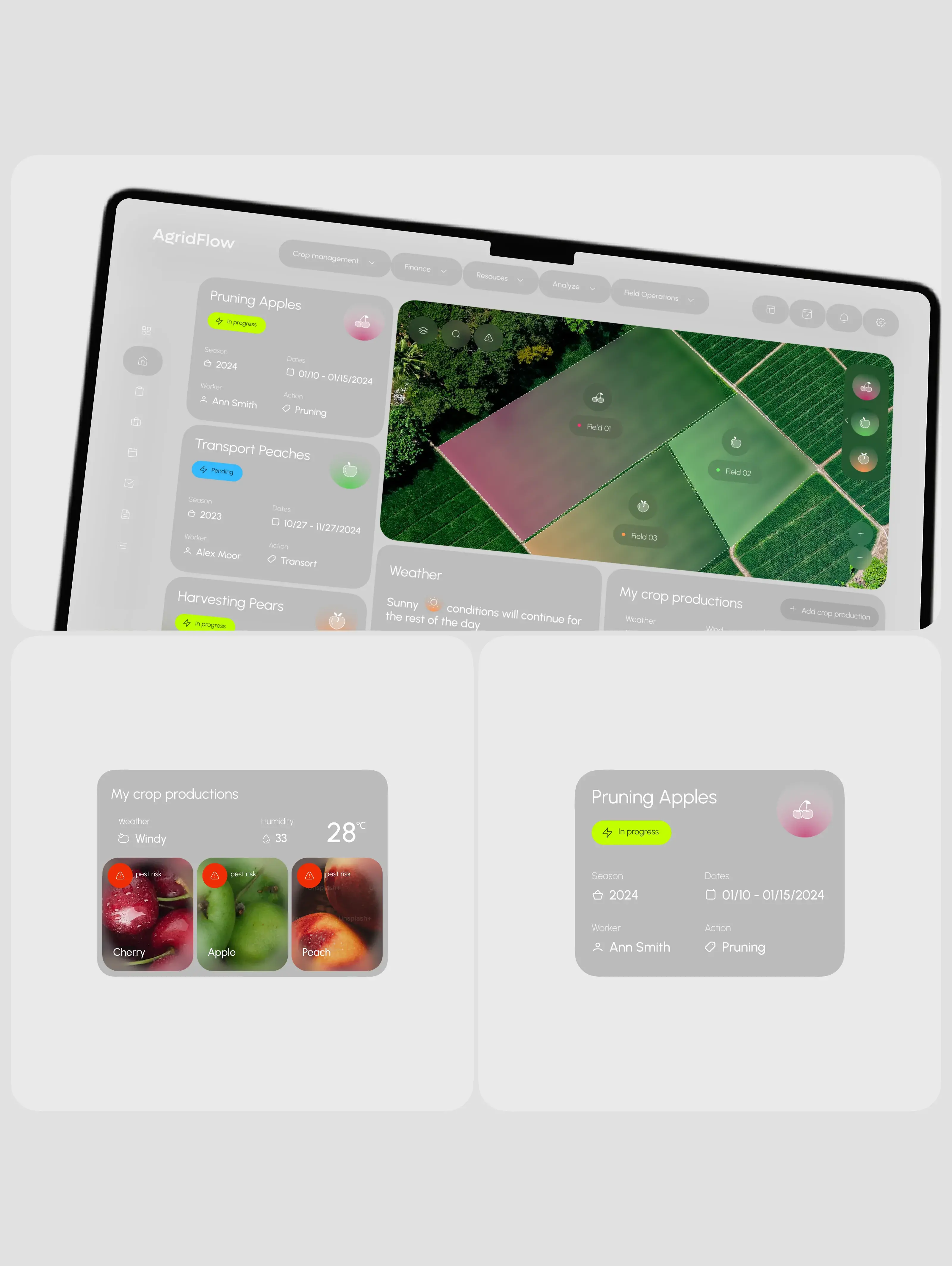 Screenshot of the Agridflow farming SaaS management app interface on a tablet. Screenshot of the Agridflow farming SaaS management app interface on a tablet.