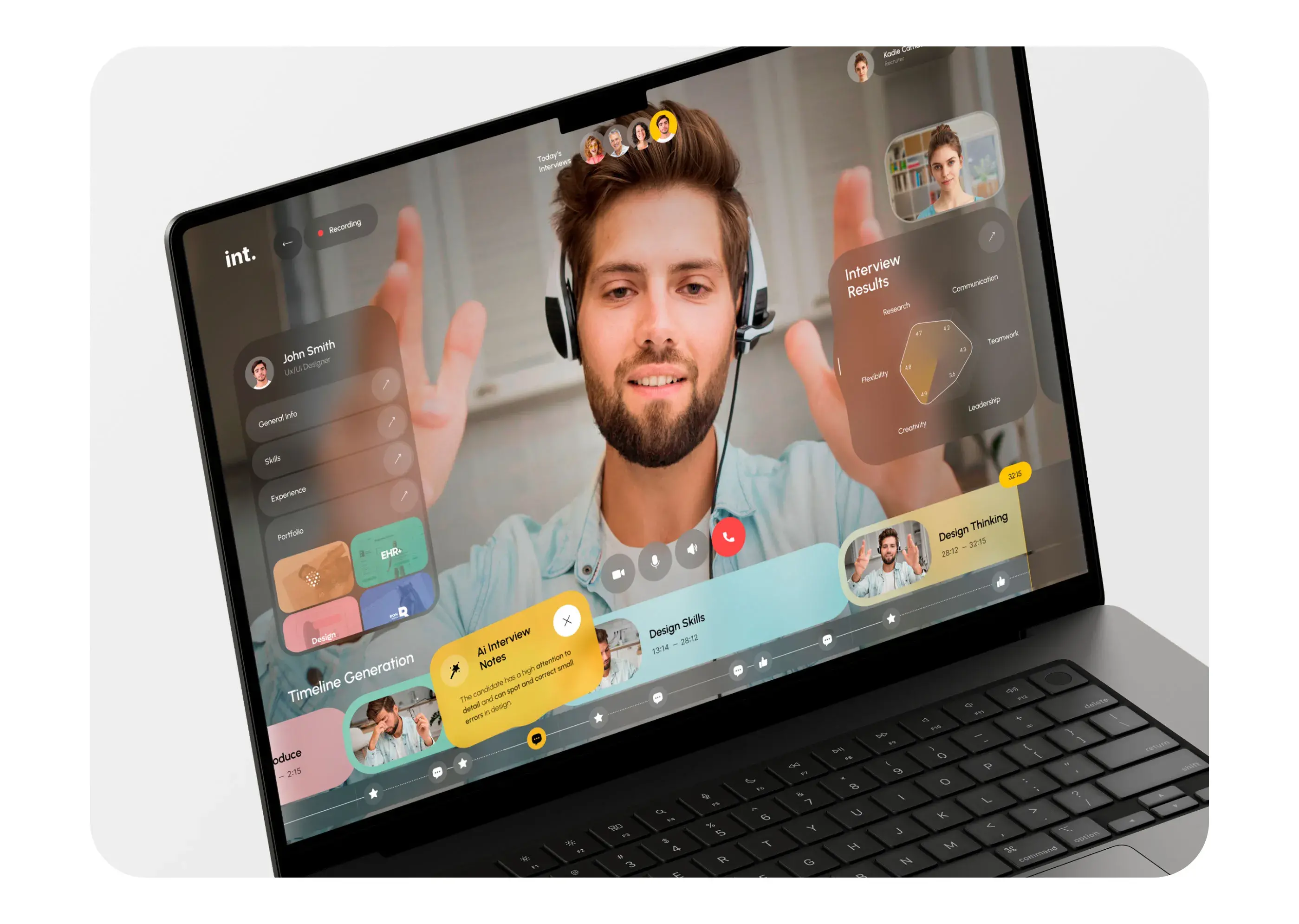 A group of people interacting with a laptop displaying the AI interview assistant desktop app UI.