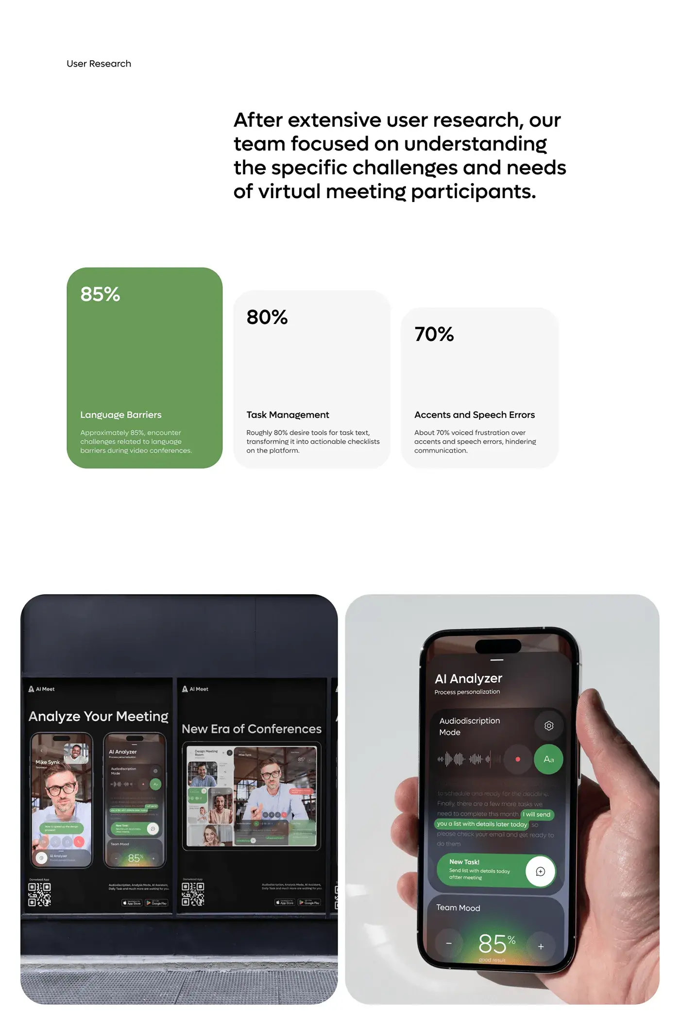 Screenshot of the AI meeting app's mobile UI/UX design on a phone. Screenshot of the AI meeting app's mobile UI/UX design on a phone.