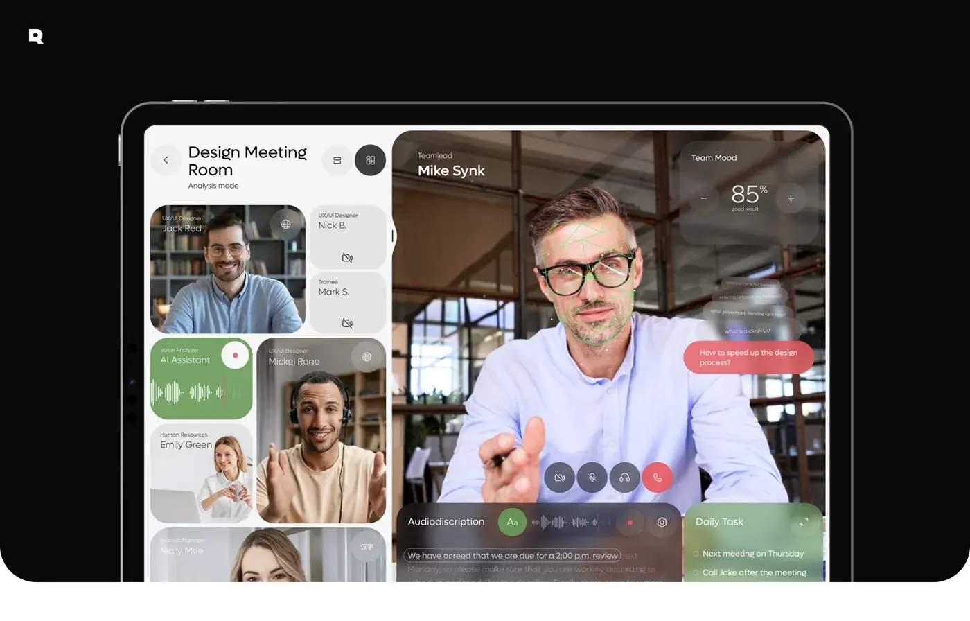 Person smiling while using an AI meet app on a smartphone, highlighting mobile UX/UI design.