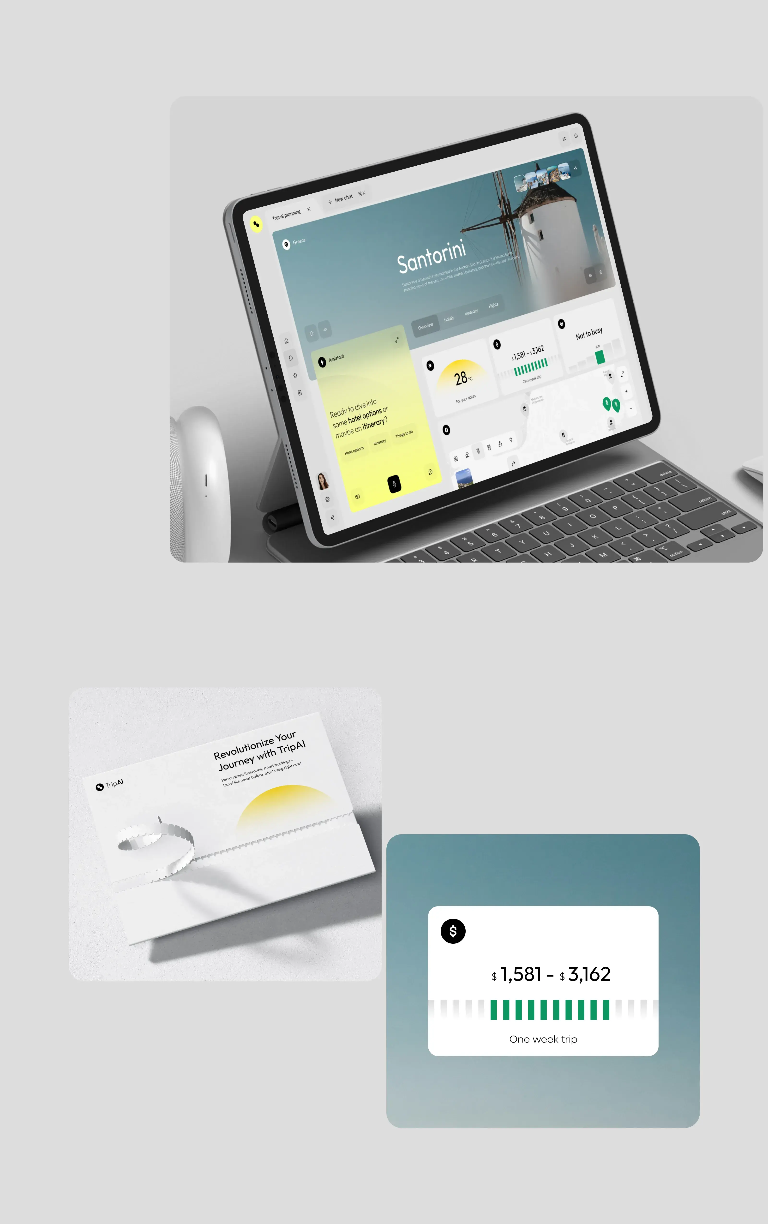 Desktop/tablet view of the UI/UX design for an AI travel assistant SaaS application. Desktop/tablet view of the UI/UX design for an AI travel assistant SaaS application.