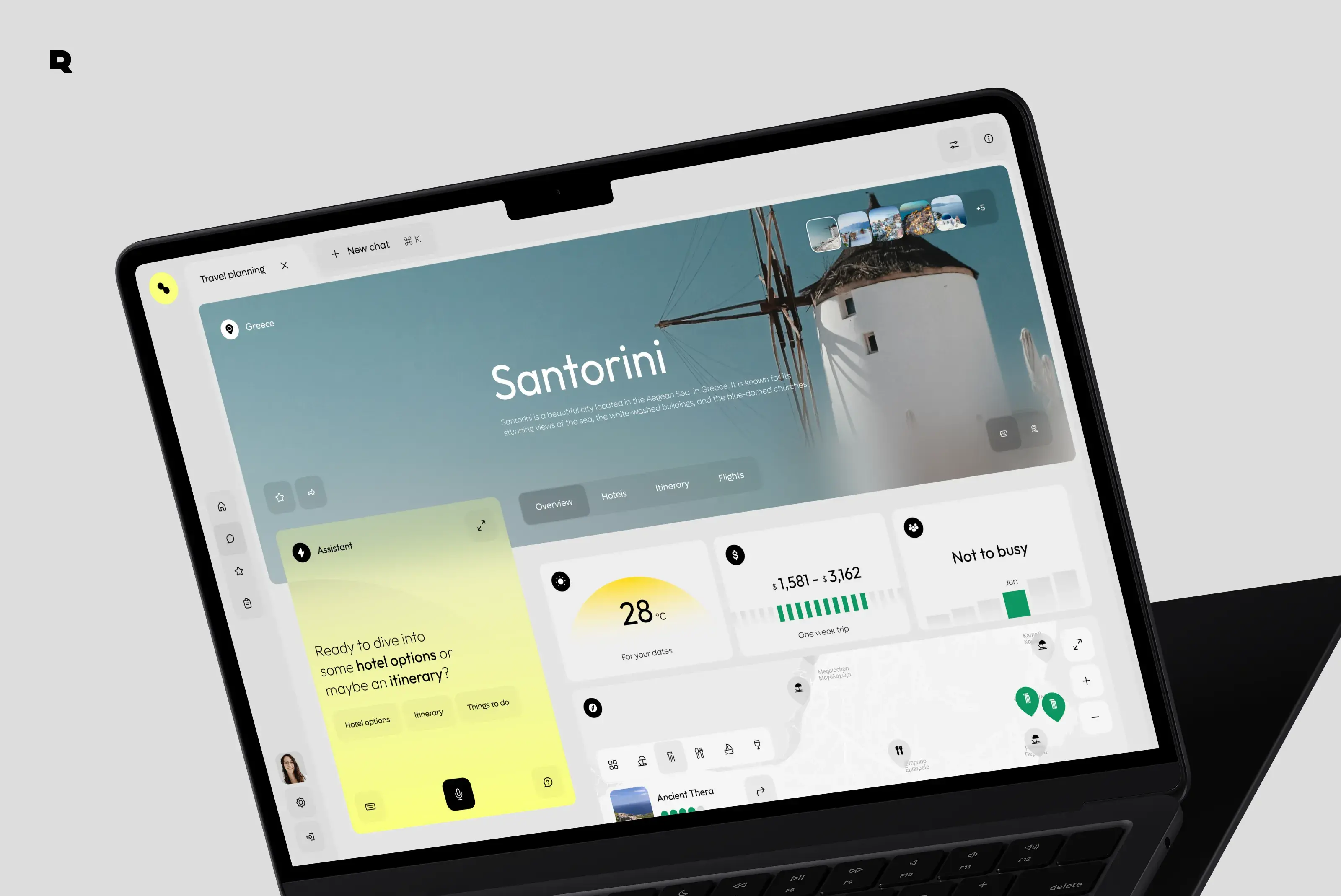 AI travel assistant SaaS desktop app UI design concept displayed on a screen.
