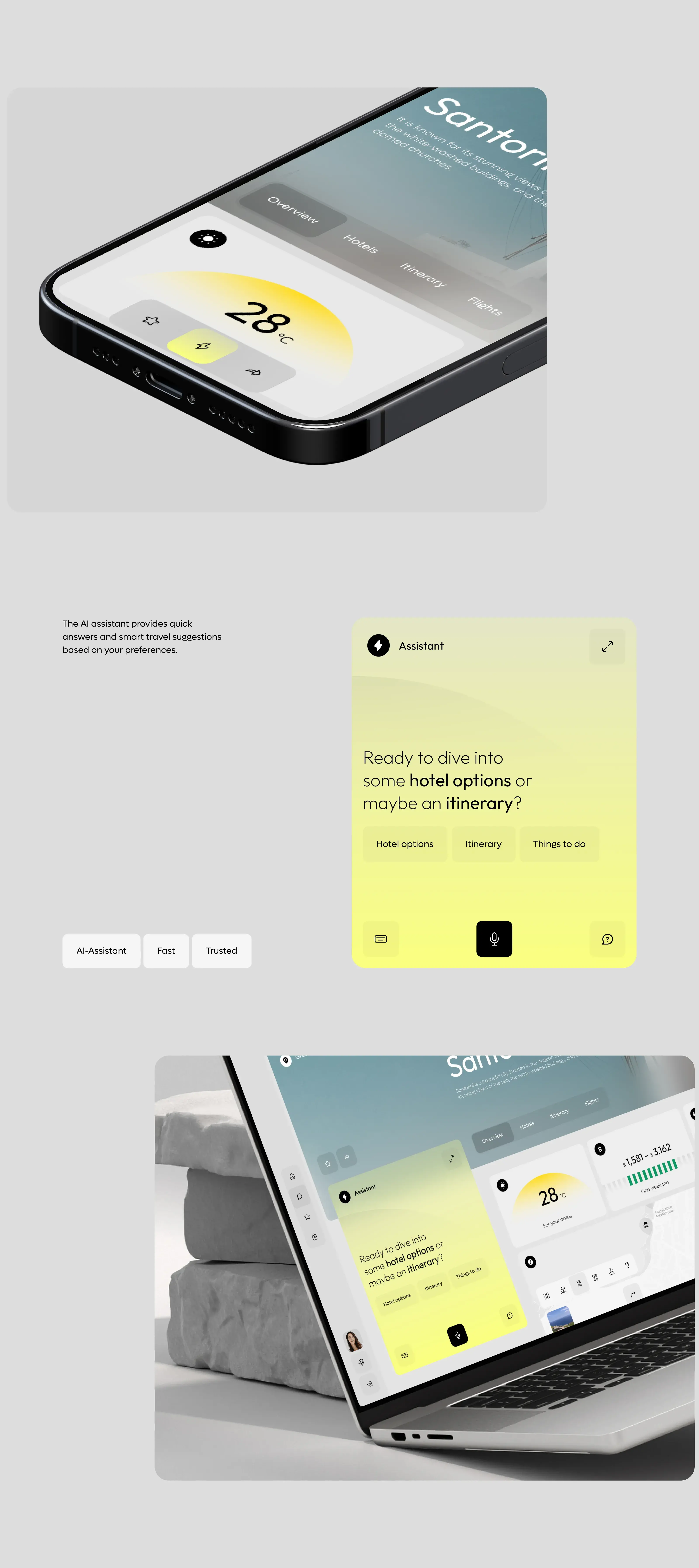 UI design of the AI travel assistant SaaS on iPhone and laptop. UI design of the AI travel assistant SaaS on iPhone and laptop.