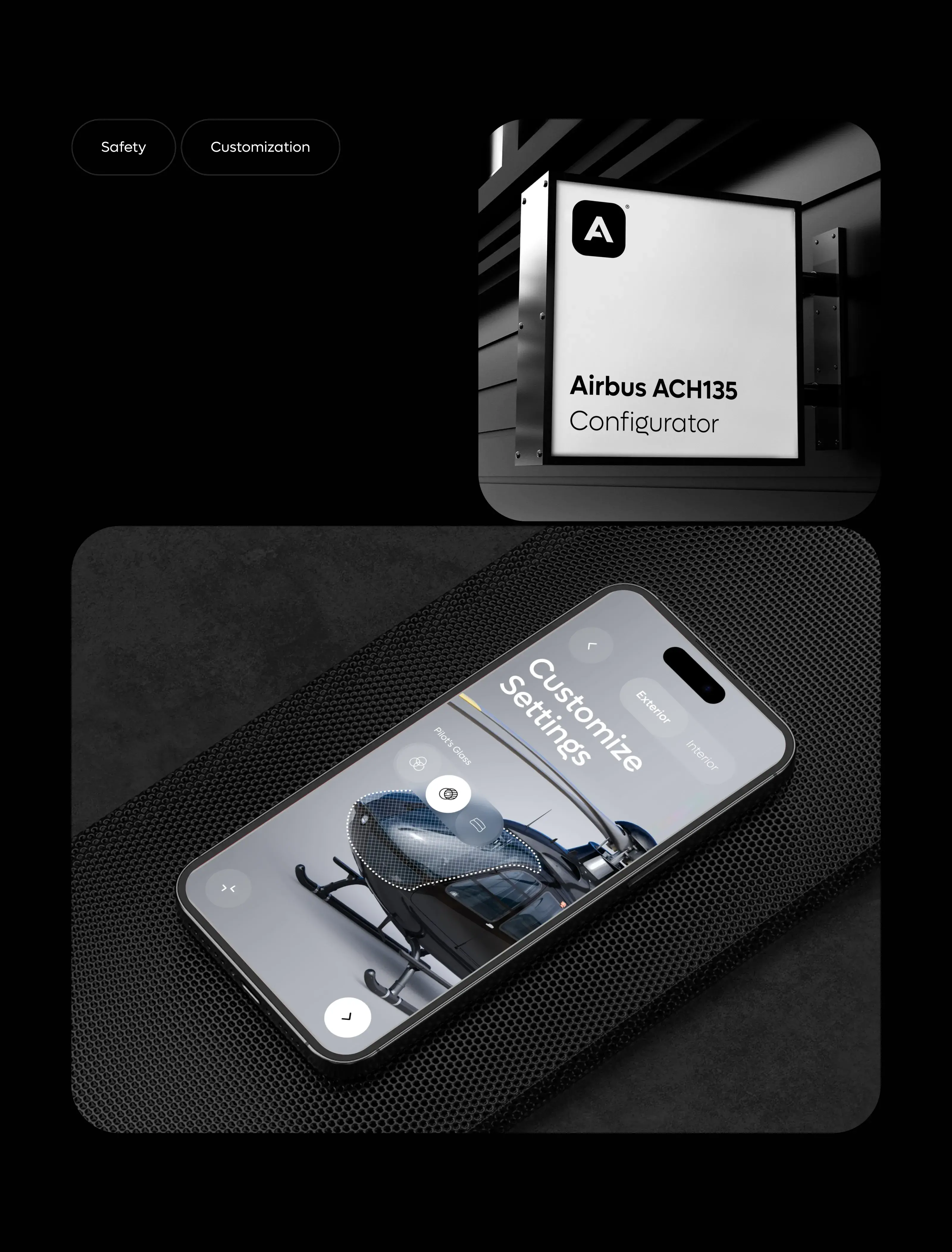 Screenshot of the Airbus ACH135 Configurator UI on a smartphone, showing customization options. Screenshot of the Airbus ACH135 Configurator UI on a smartphone, showing customization options.