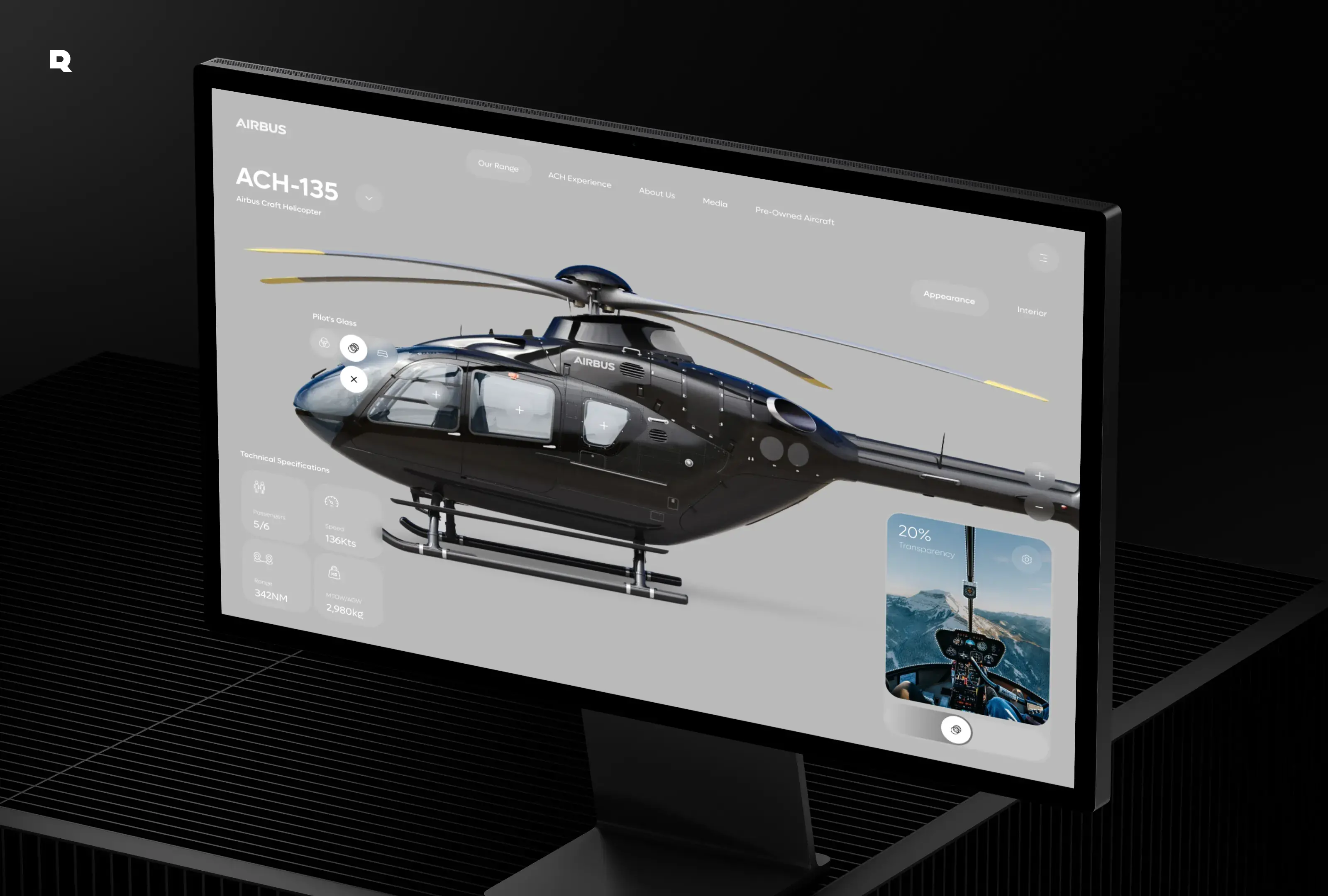 Screenshot of the Airbus Helicopters configurator desktop app UI/UX design.