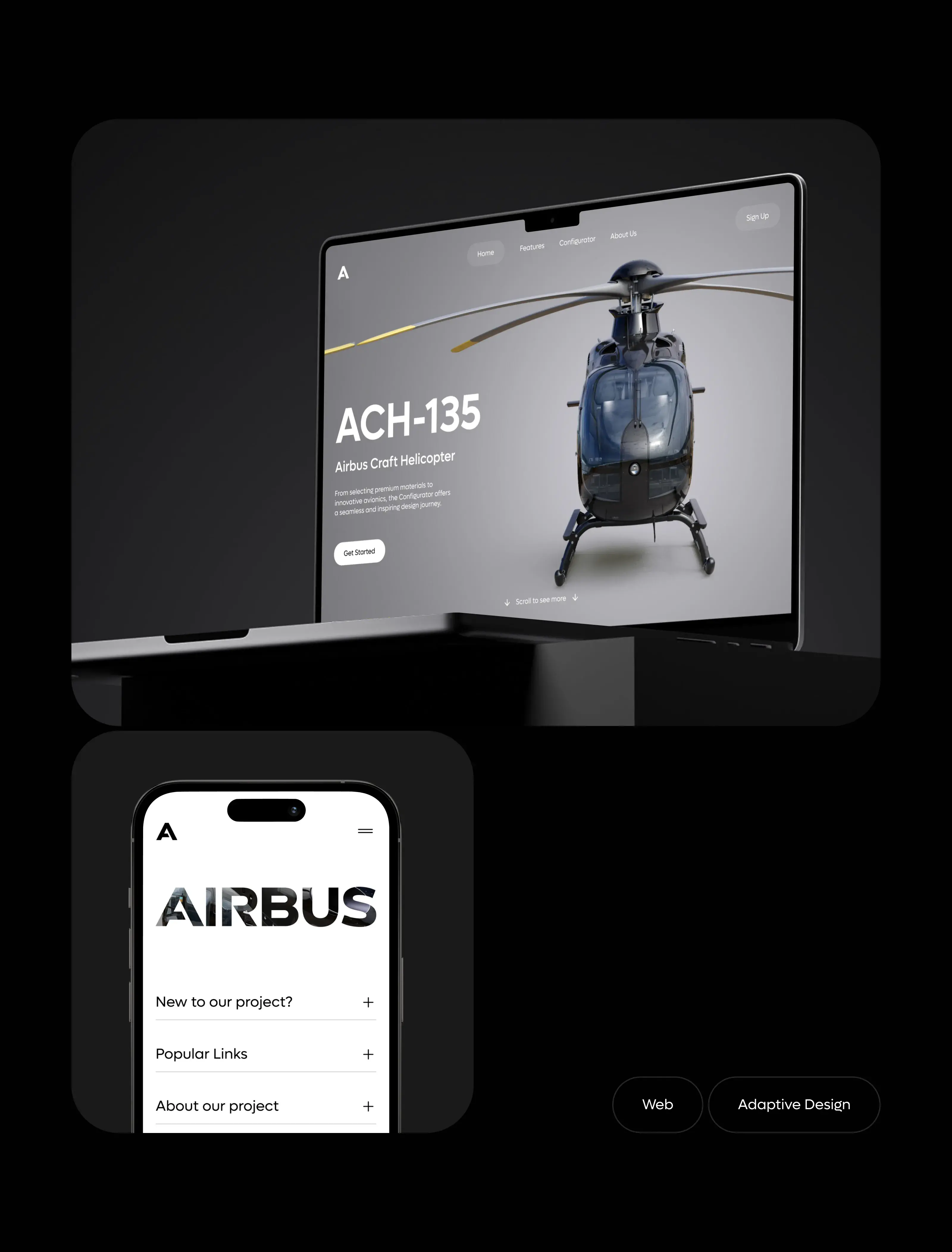 Desktop UI/UX design for an Airbus aircraft configurator dashboard shown on a smartphone. Desktop UI/UX design for an Airbus aircraft configurator dashboard shown on a smartphone.