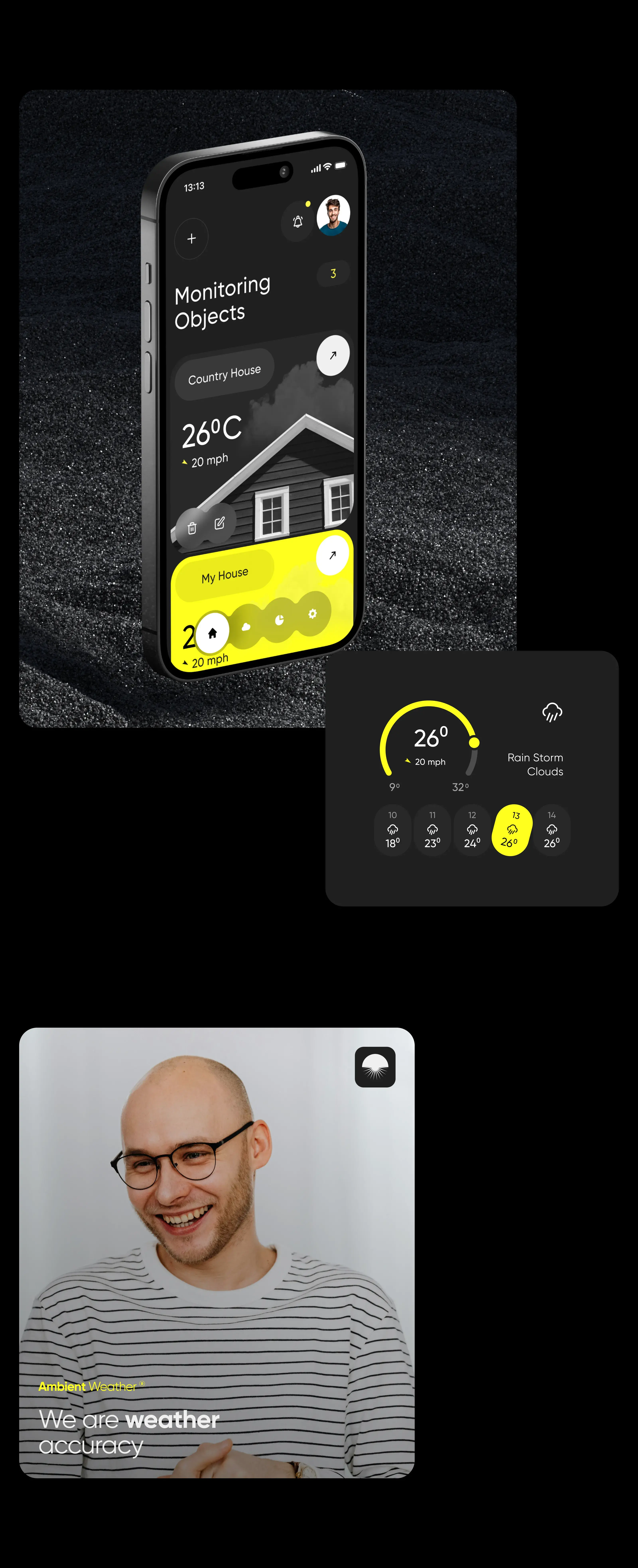Screenshot of an Ambient Weather mobile app UI on a smartphone, displaying IoT sensor data. Screenshot of an Ambient Weather mobile app UI on a smartphone, displaying IoT sensor data.