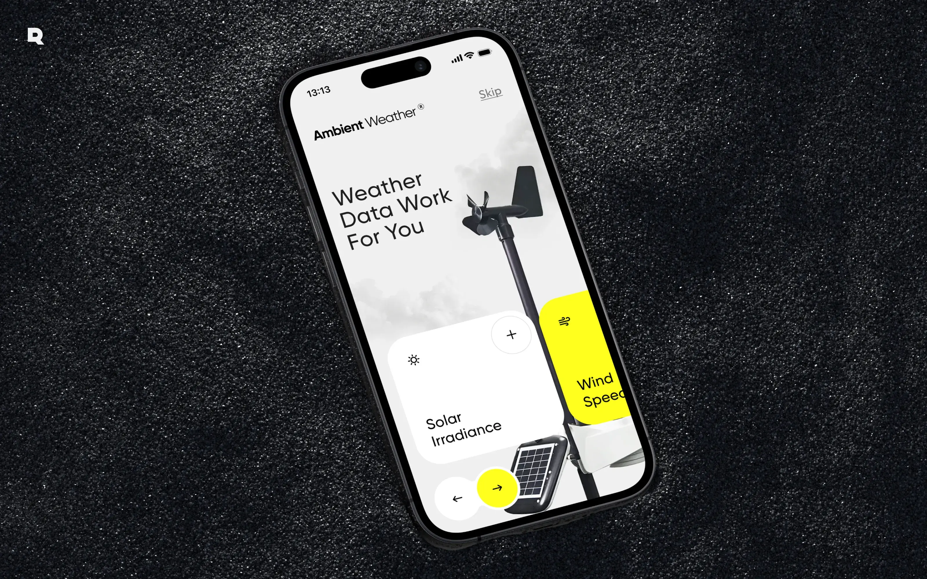 Ambient Weather mobile app screenshot displaying weather data including solar irradiance and wind speed.