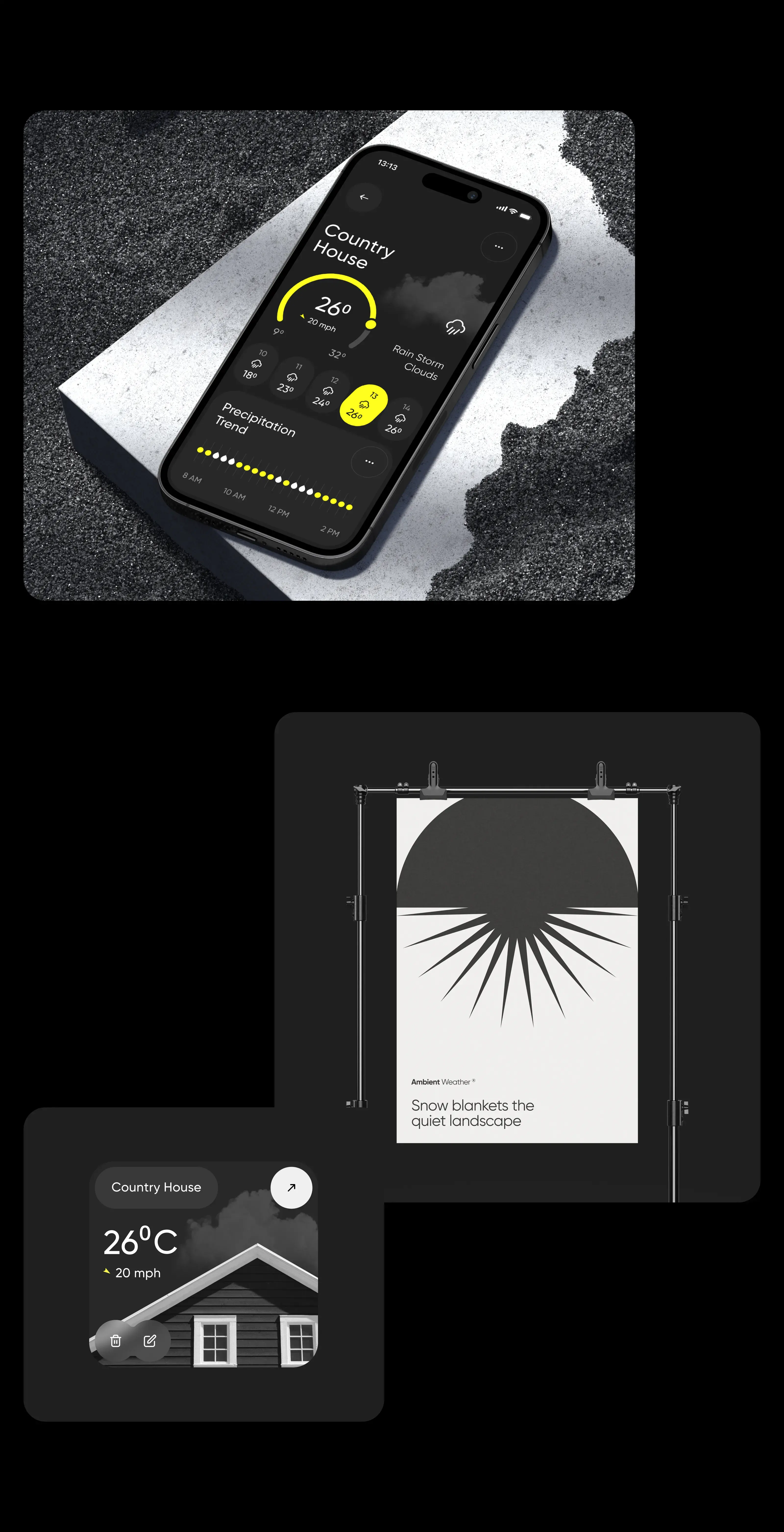Smartphone displaying the UI/UX design for an ambient weather and IoT app. Smartphone displaying the UI/UX design for an ambient weather and IoT app.
