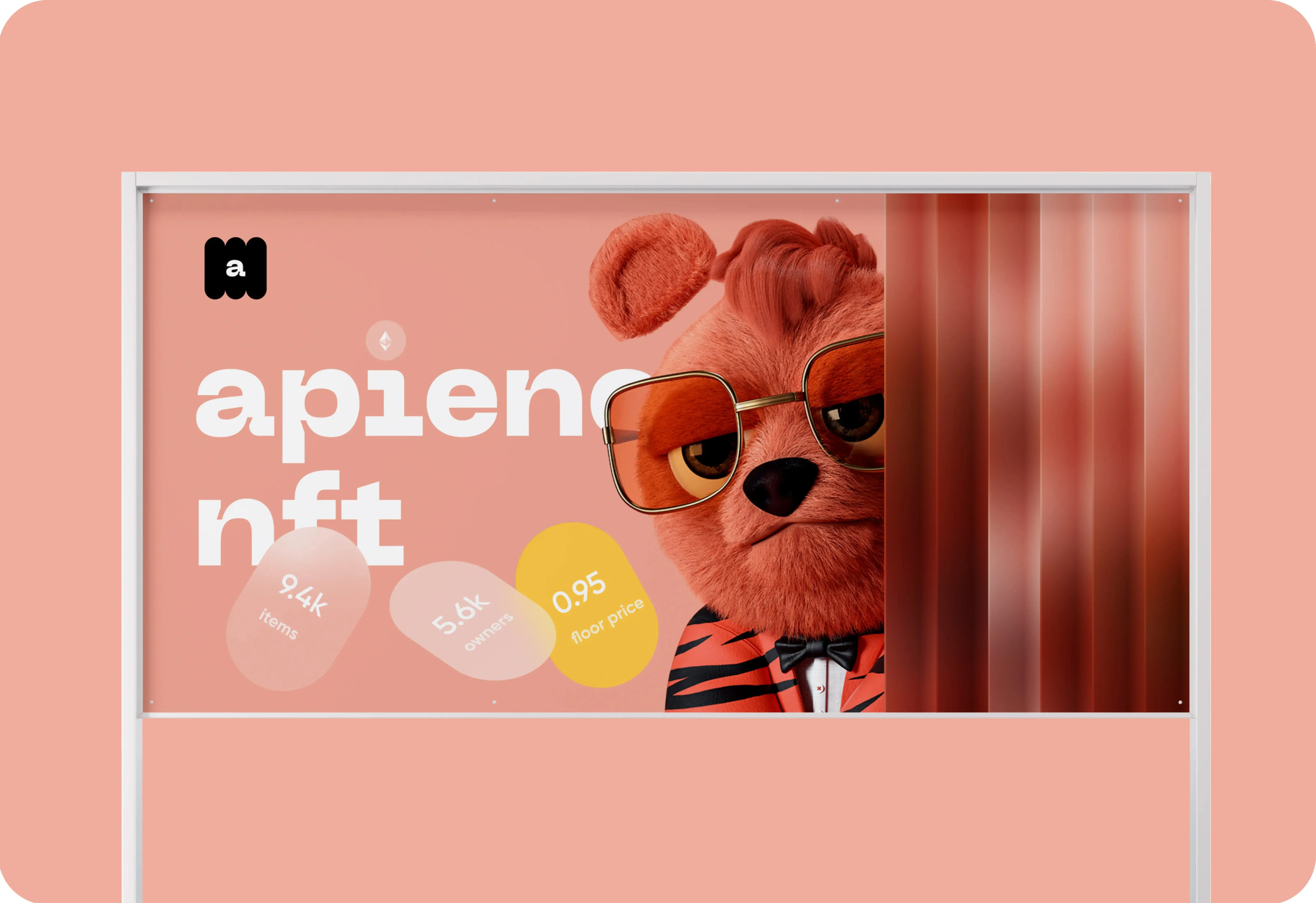 Illustration of an Apiens NFT teddy bear with stats: 9.4k items, 5.6k owners, 0.95 floor price. Illustration of an Apiens NFT teddy bear with stats: 9.4k items, 5.6k owners, 0.95 floor price.