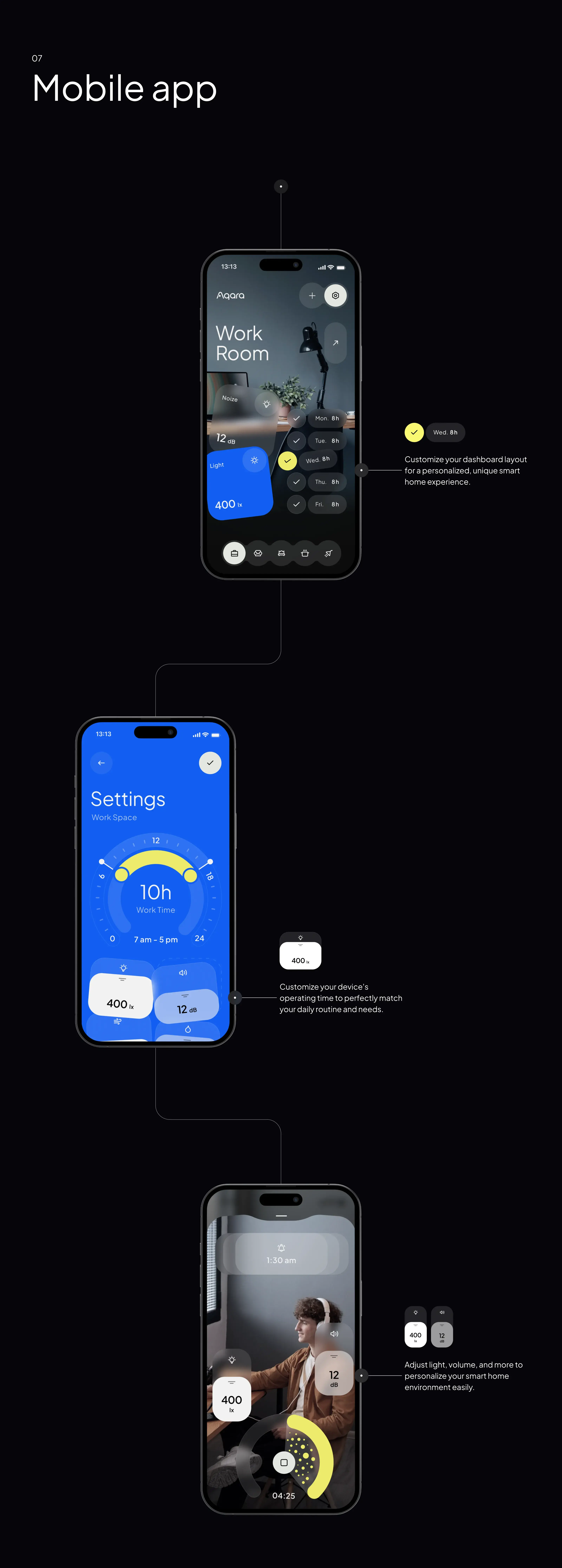 Screenshot showcasing the UI/UX design of the Aqara smart home app across several mobile devices. Screenshot showcasing the UI/UX design of the Aqara smart home app across several mobile devices.