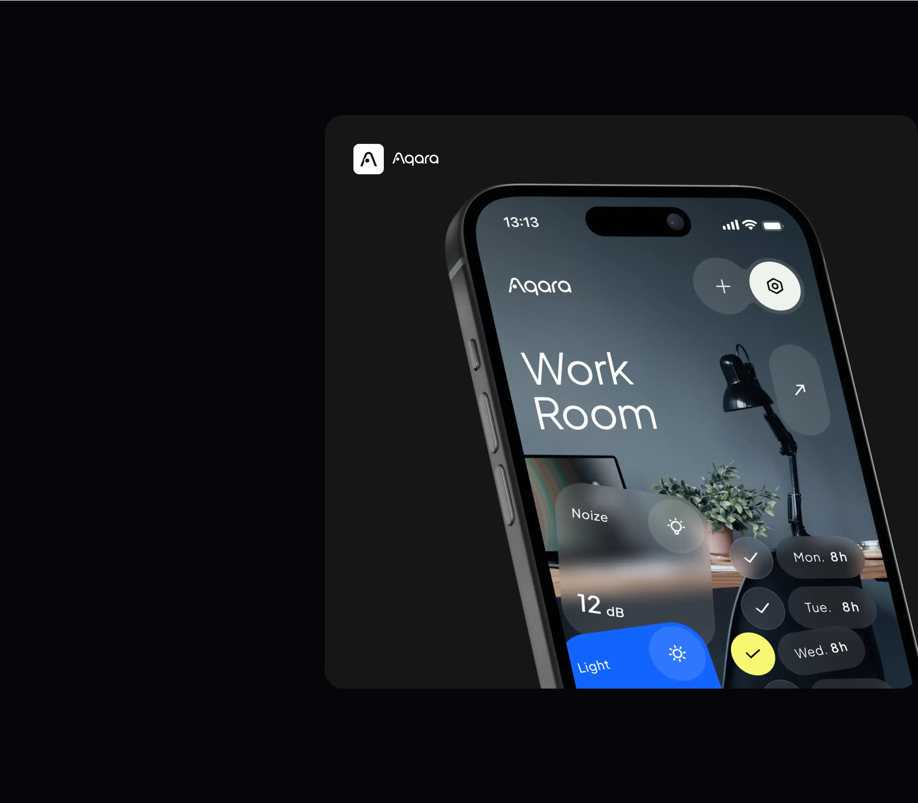 Screenshot of the Aqara smart home app UI showing a Work Room screen with noise levels and daily duration data. Screenshot of the Aqara smart home app UI showing a Work Room screen with noise levels and daily duration data.
