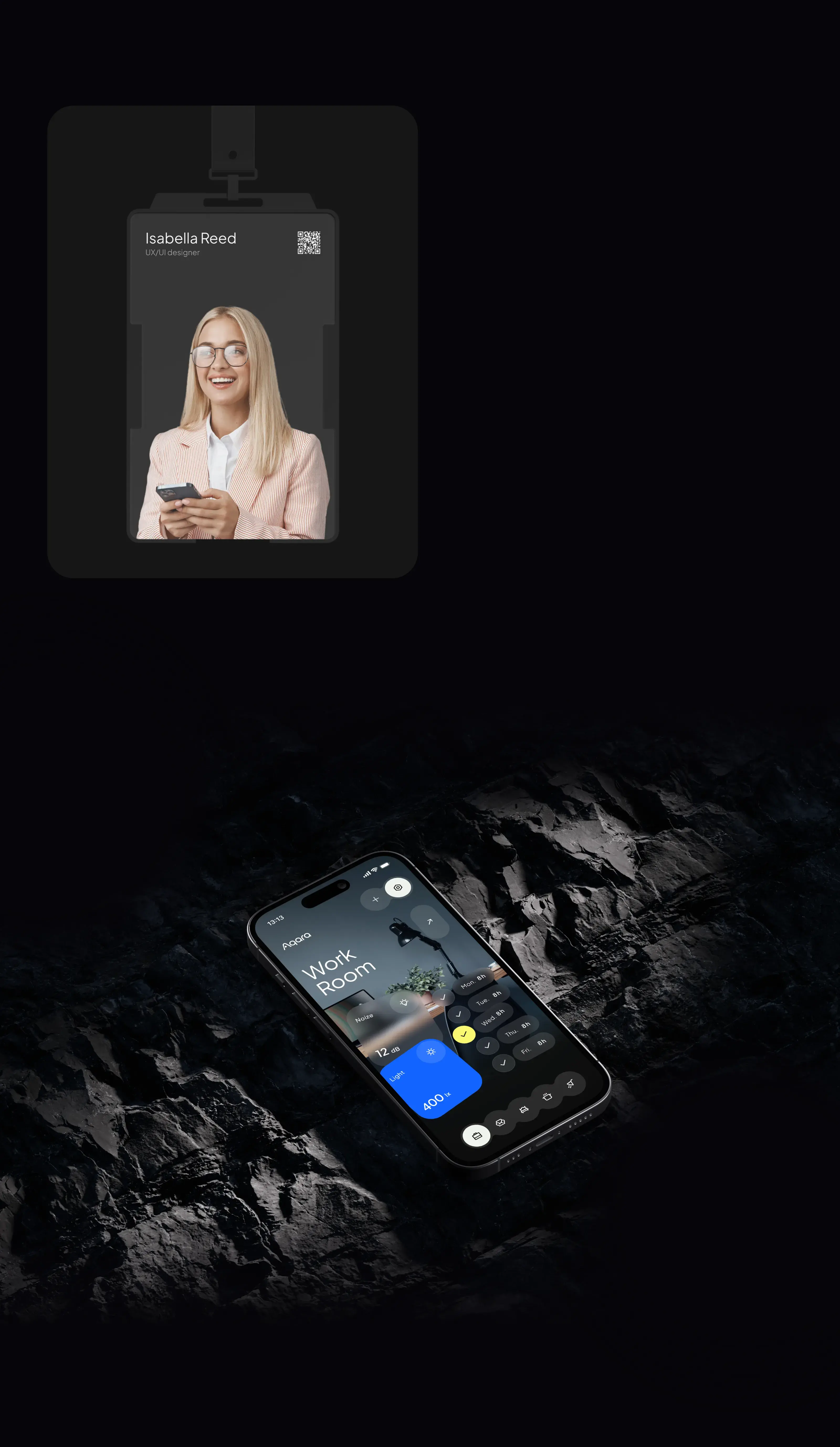 Mobile app screenshot of the Aqara smart home UI, showing a work room dashboard with noise and light levels, relevant to UI/UX design. Mobile app screenshot of the Aqara smart home UI, showing a work room dashboard with noise and light levels, relevant to UI/UX design.
