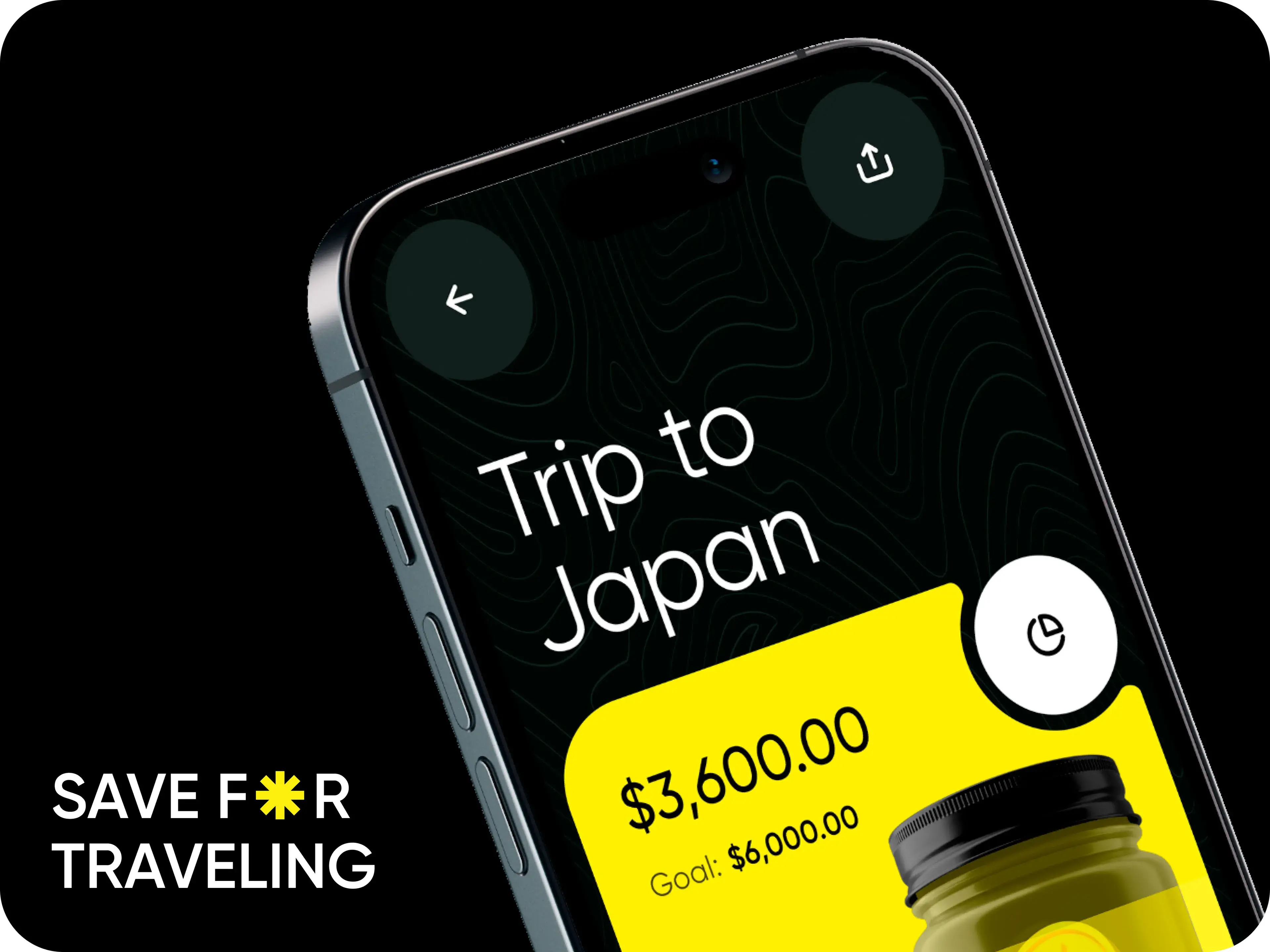 Screenshot of a finance app's goal tracking feature, showing progress on a $6,000 trip to Japan. Screenshot of a finance app's goal tracking feature, showing progress on a $6,000 trip to Japan.