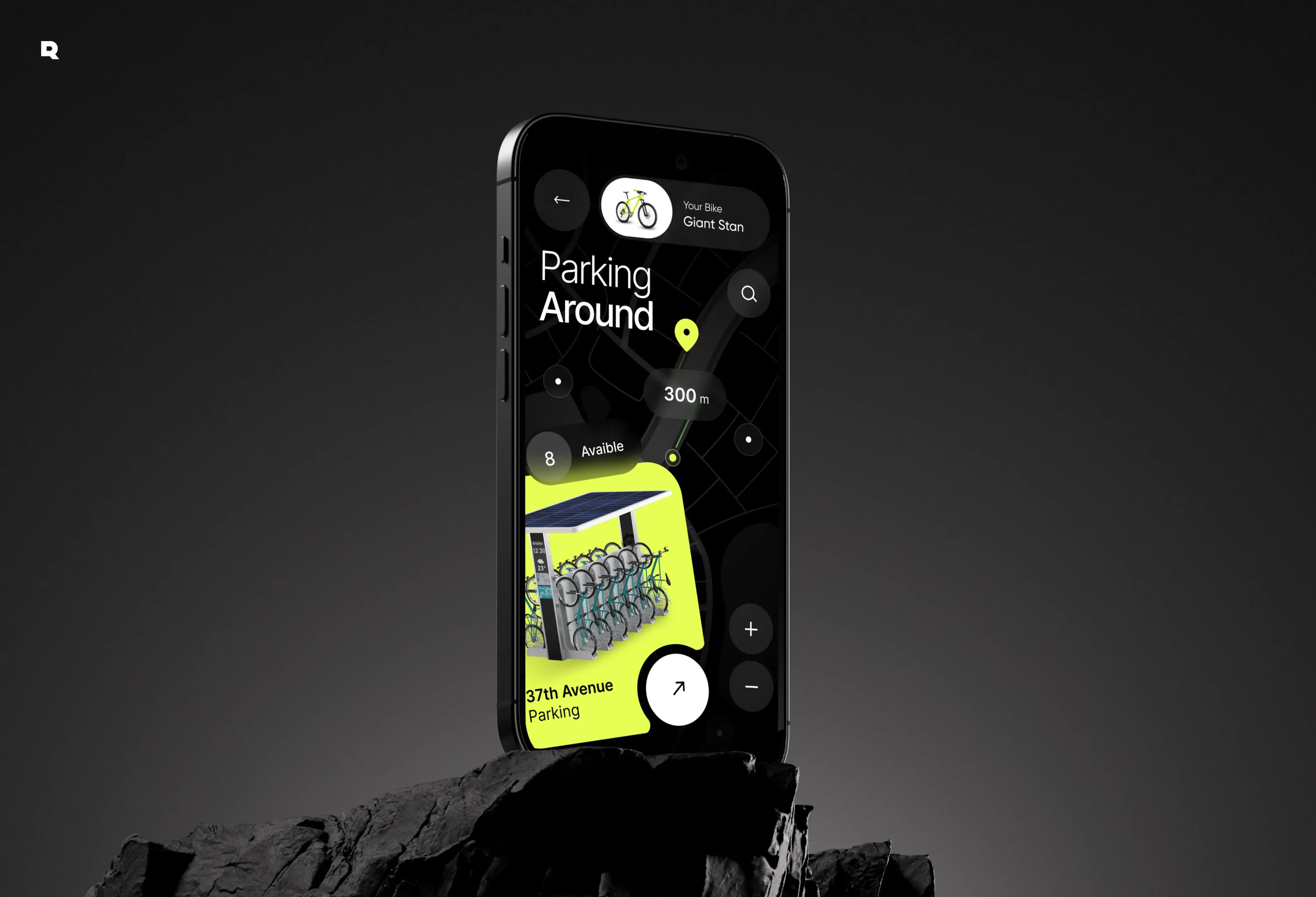 Screenshot of the Bike Spot app showing available bike parking near the user, like one at 37th Avenue 300m away.
