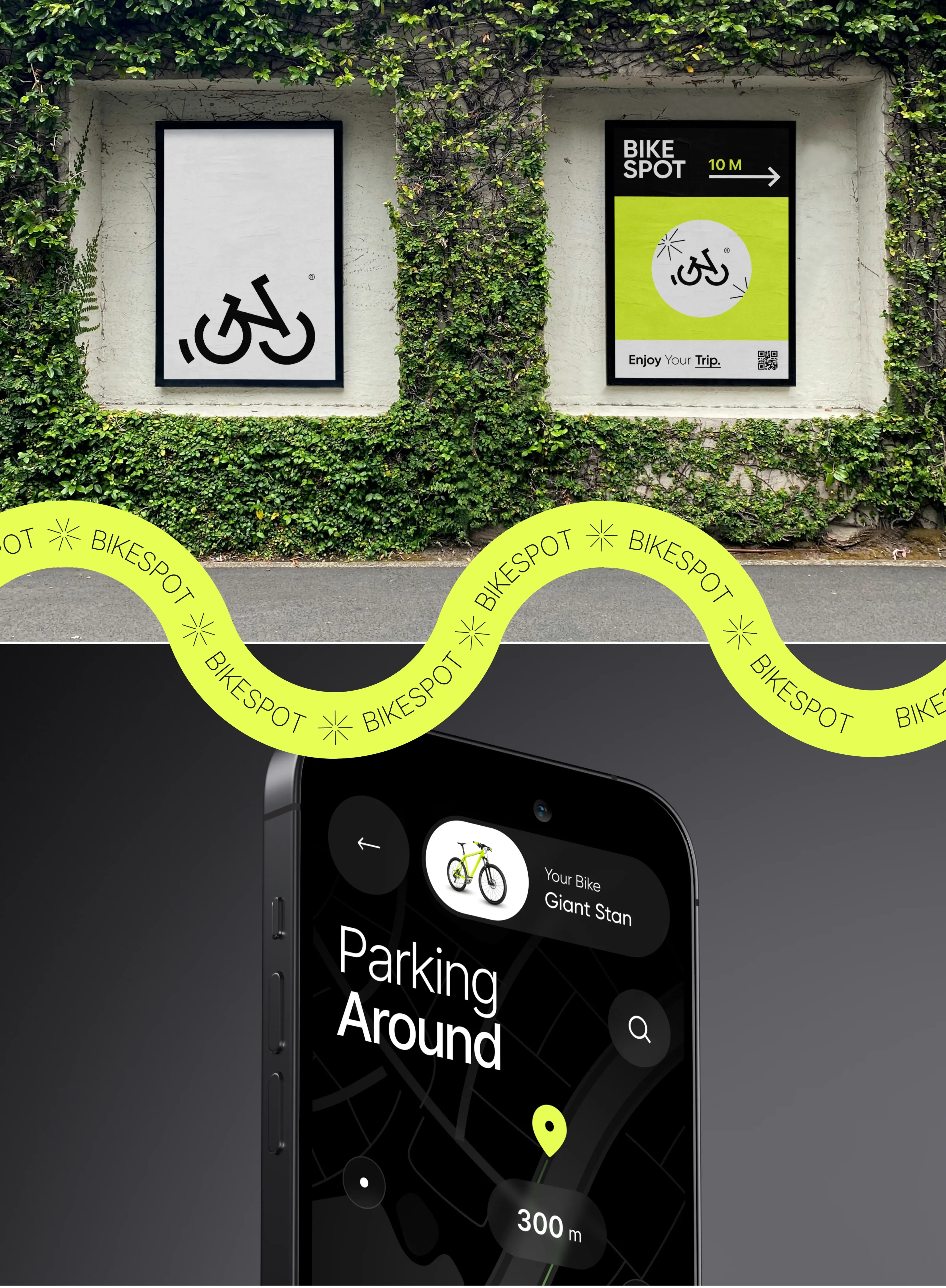 Mobile phone displaying the interface design of the BikeSpot app. Mobile phone displaying the interface design of the BikeSpot app.