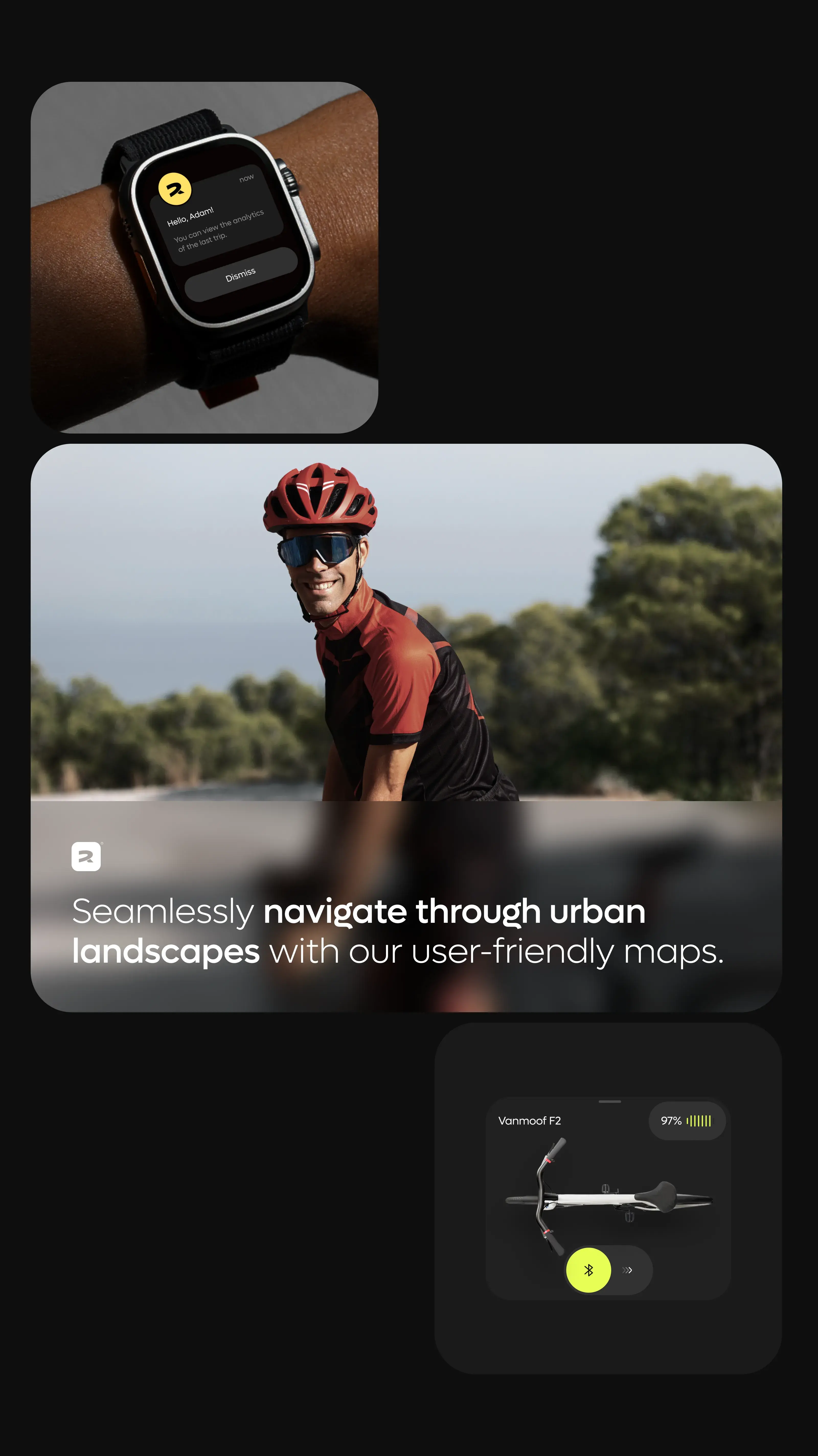 Screenshot of a person wearing a watch or gadget, demonstrating the mobile cycling app. Screenshot of a person wearing a watch or gadget, demonstrating the mobile cycling app.