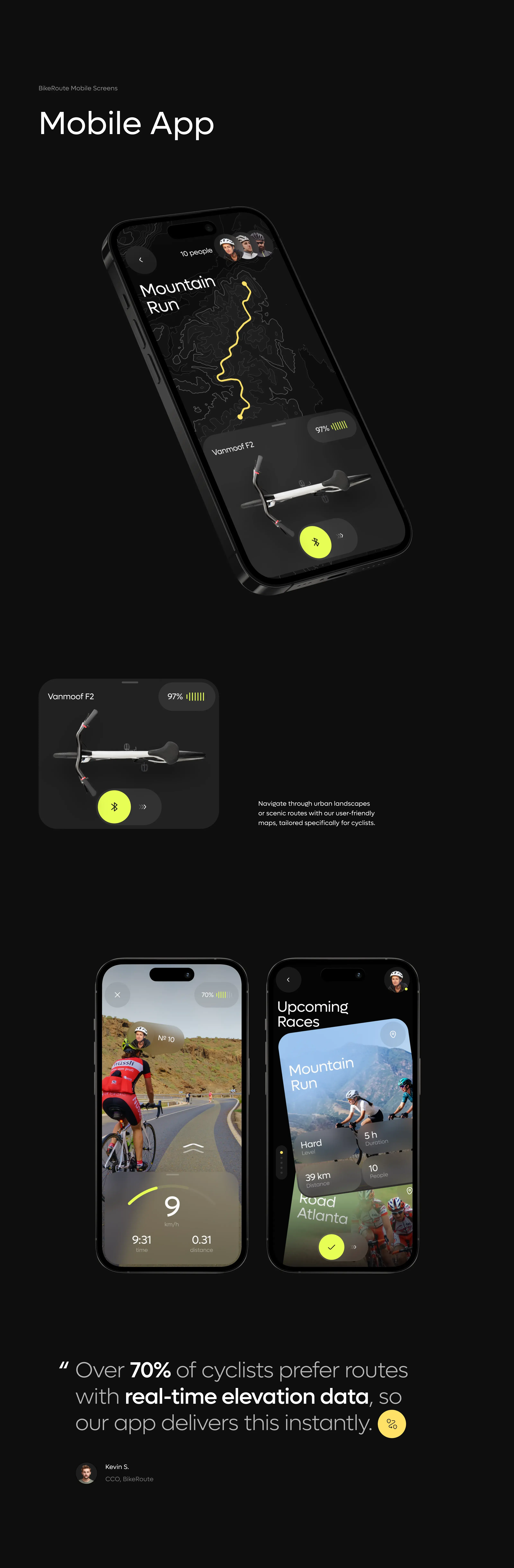 Screenshots on mobile devices displaying the bicycle route app user interface design. Screenshots on mobile devices displaying the bicycle route app user interface design.